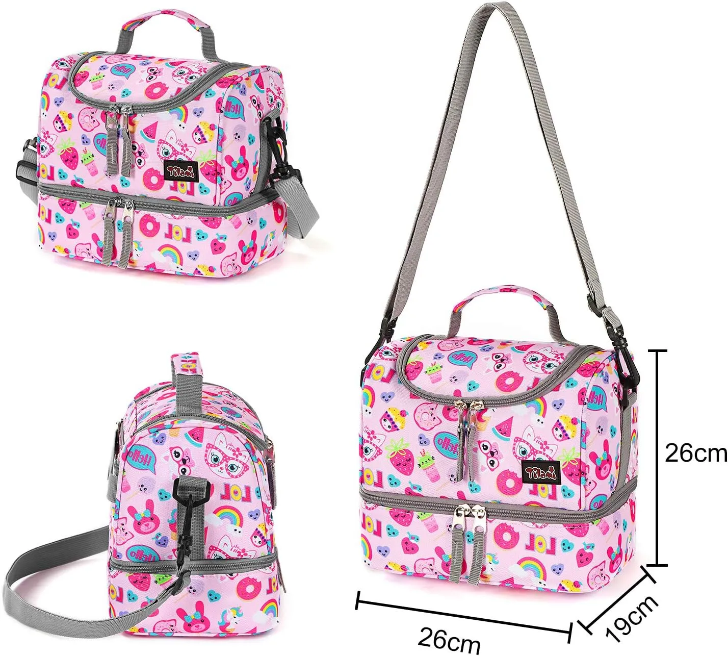 Tilami Rolling Backpack 18 inch Double Handle with Lunch Bag Wheeled Kids Backpack for Girls and Boys, Pink Cat