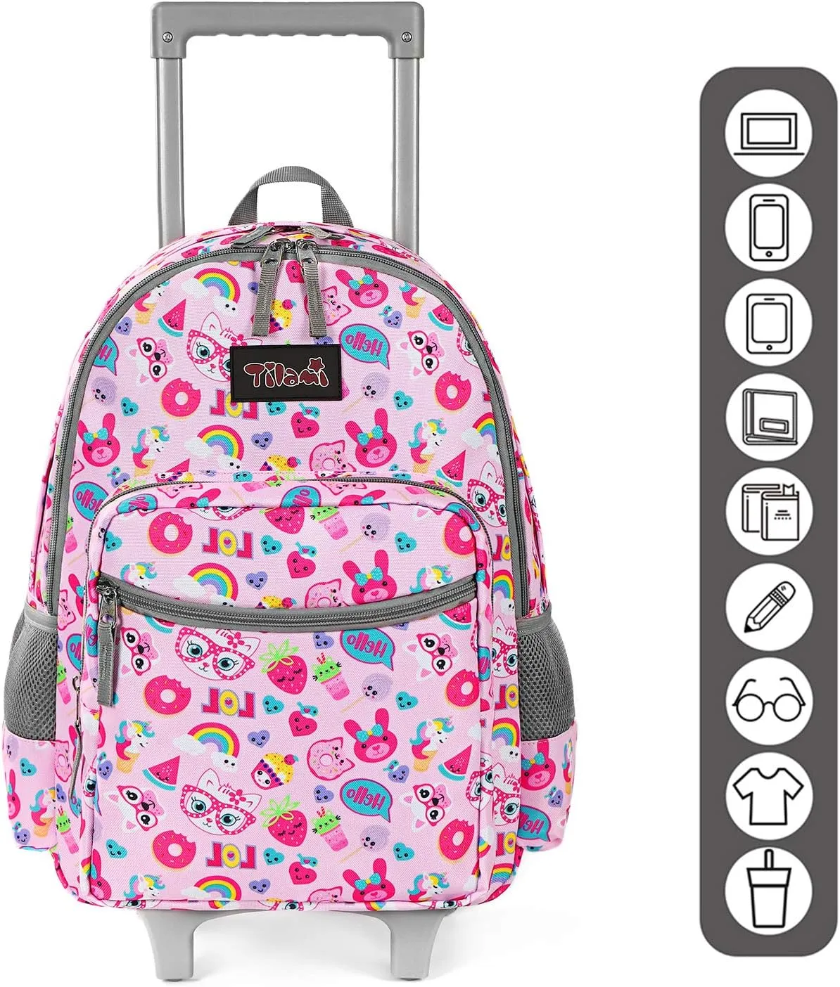Tilami Rolling Backpack 18 inch Double Handle with Lunch Bag Wheeled Kids Backpack for Girls and Boys, Pink Cat