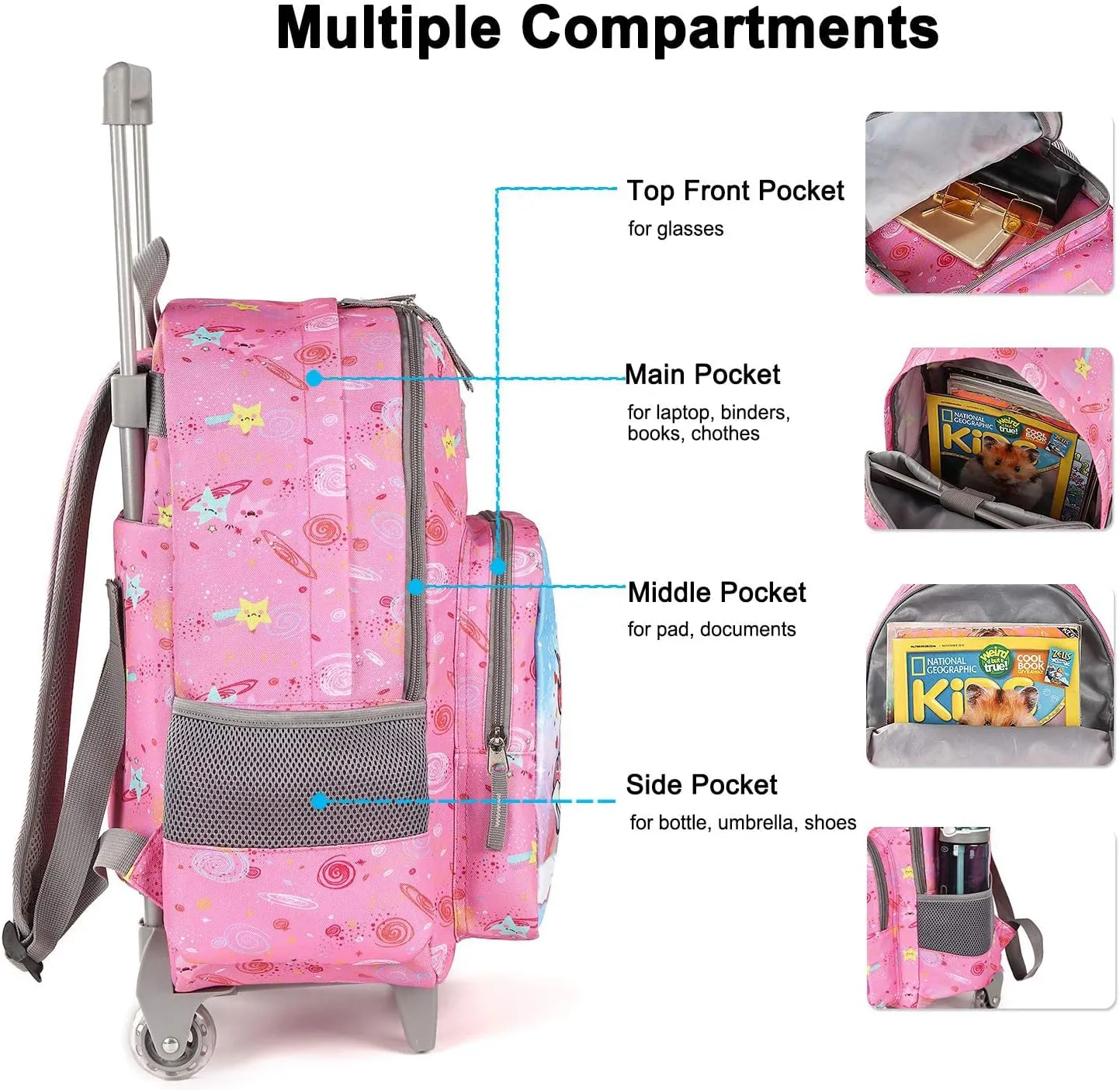 Tilami Rolling Backpack 18 inch Double Handle with Lunch Bag Wheeled Kids Backpack for Girls and Boys, Pink Unicorn
