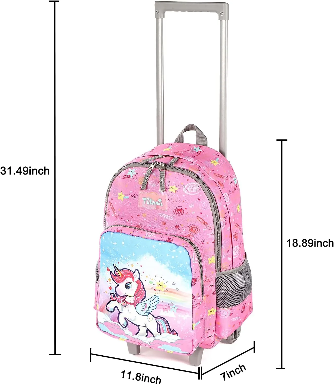 Tilami Rolling Backpack 18 inch Double Handle with Lunch Bag Wheeled Kids Backpack for Girls and Boys, Pink Unicorn