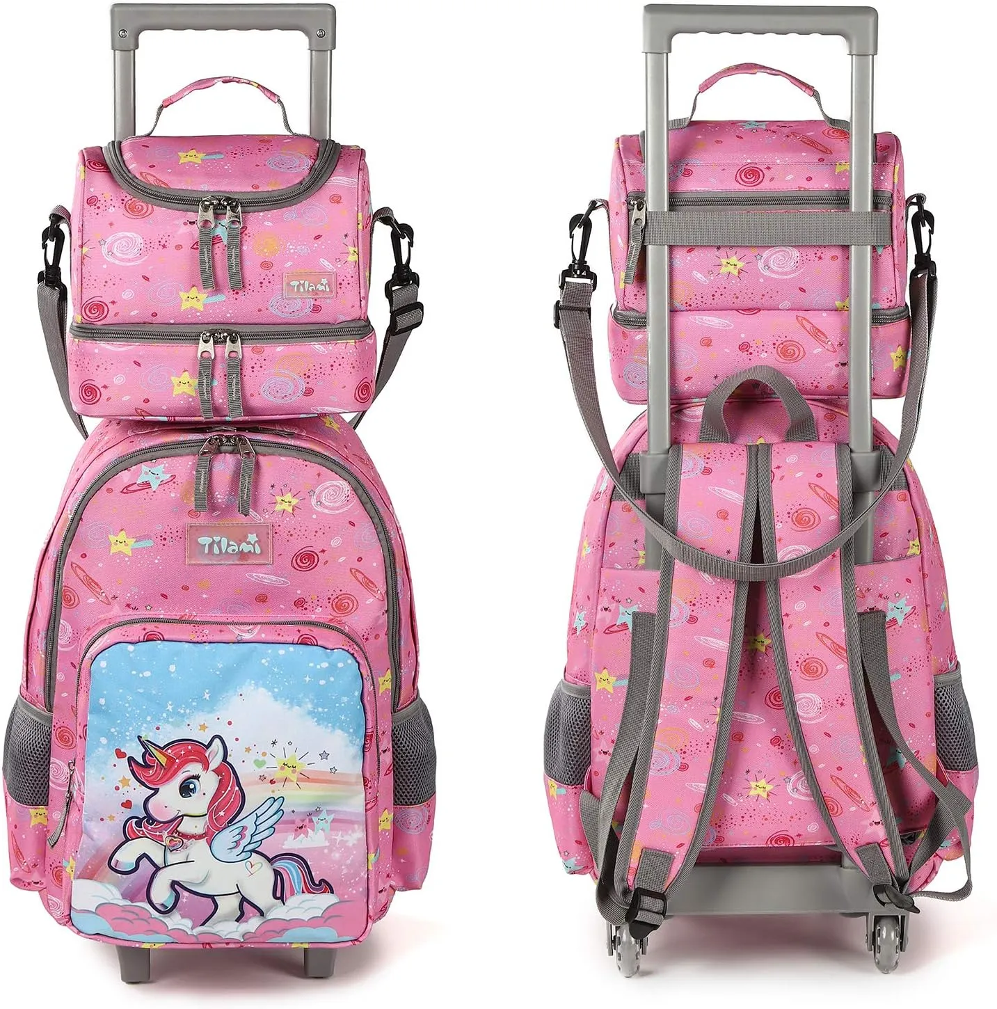 Tilami Rolling Backpack 18 inch Double Handle with Lunch Bag Wheeled Kids Backpack for Girls and Boys, Pink Unicorn