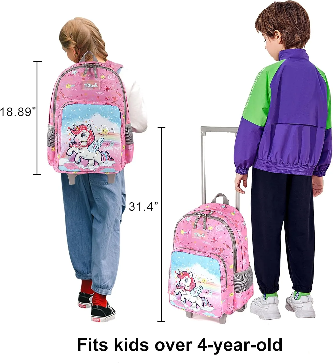 Tilami Rolling Backpack 18 inch Double Handle with Lunch Bag Wheeled Kids Backpack for Girls and Boys, Pink Unicorn