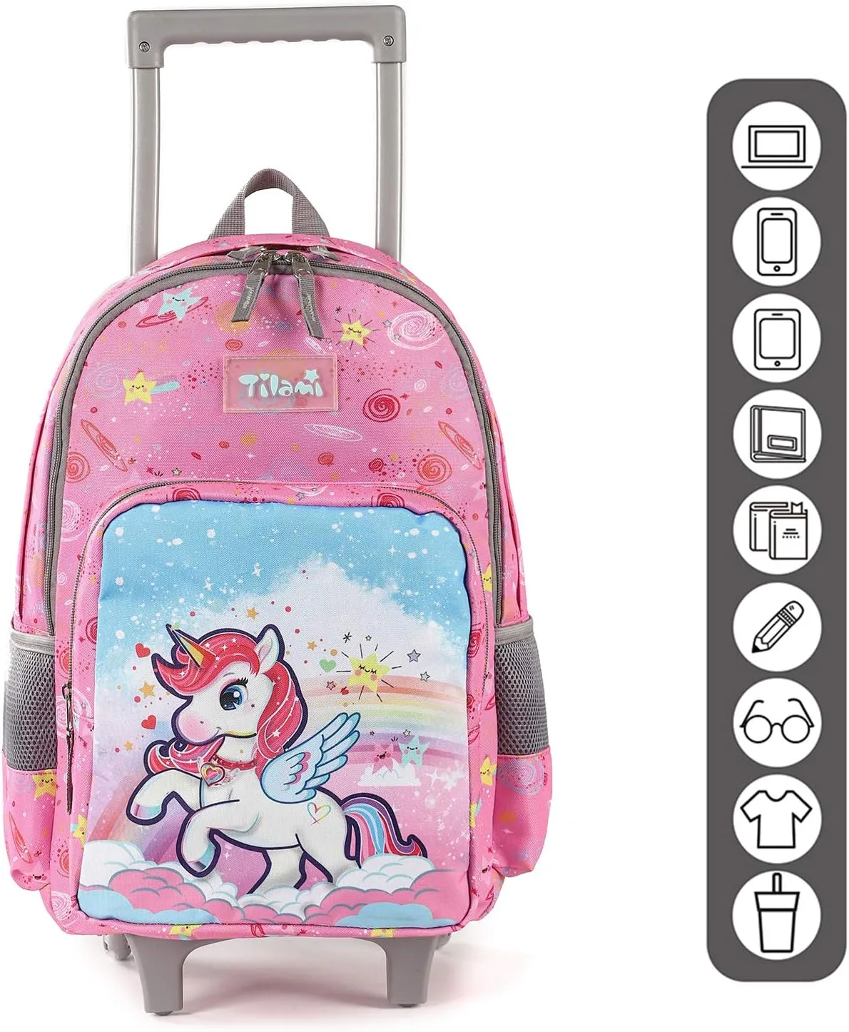 Tilami Rolling Backpack 18 inch Double Handle with Lunch Bag Wheeled Kids Backpack for Girls and Boys, Pink Unicorn