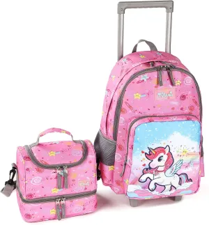 Tilami Rolling Backpack 18 inch Double Handle with Lunch Bag Wheeled Kids Backpack for Girls and Boys, Pink Unicorn