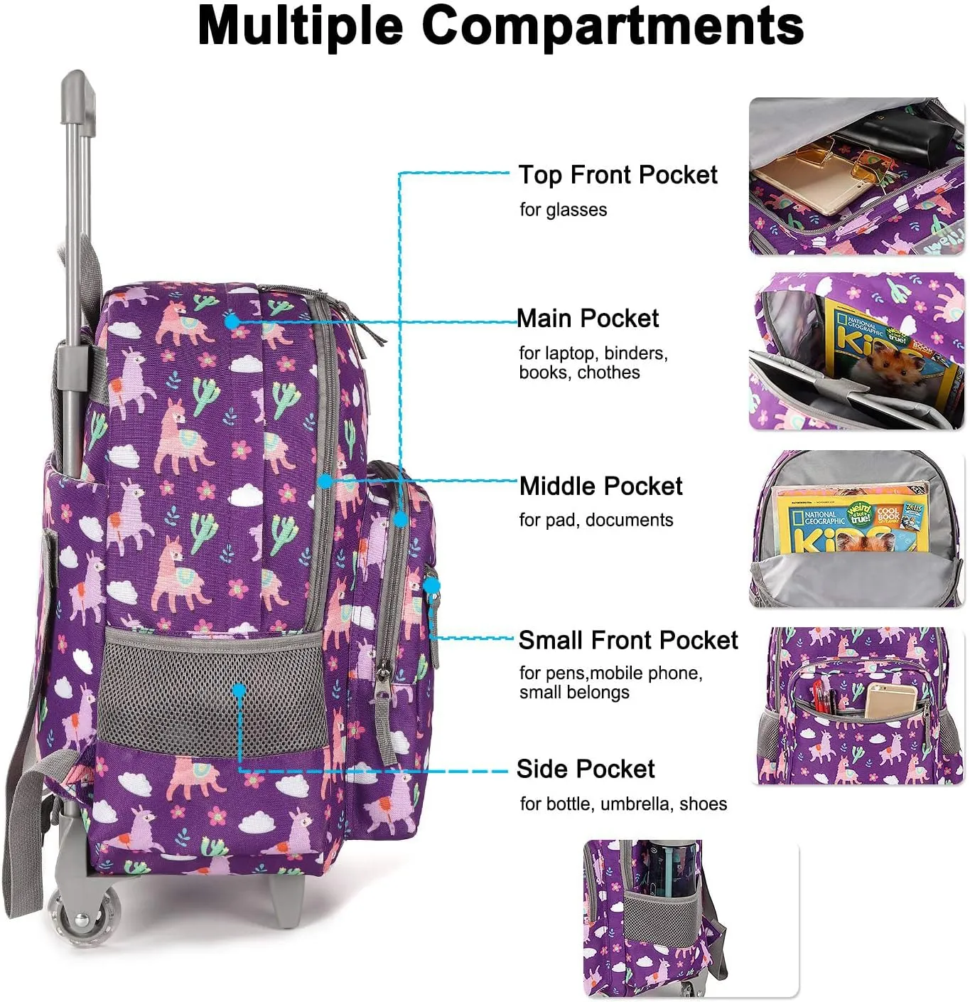 Tilami Rolling Backpack 18 inch Double Handle with Lunch Bag Wheeled Kids Backpack for Girls and Boys, Purple Alpaca