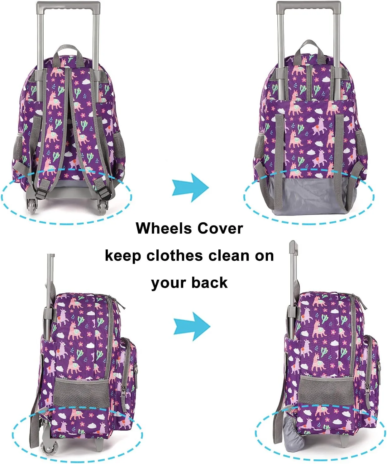 Tilami Rolling Backpack 18 inch Double Handle with Lunch Bag Wheeled Kids Backpack for Girls and Boys, Purple Alpaca