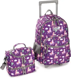 Tilami Rolling Backpack 18 inch Double Handle with Lunch Bag Wheeled Kids Backpack for Girls and Boys, Purple Alpaca