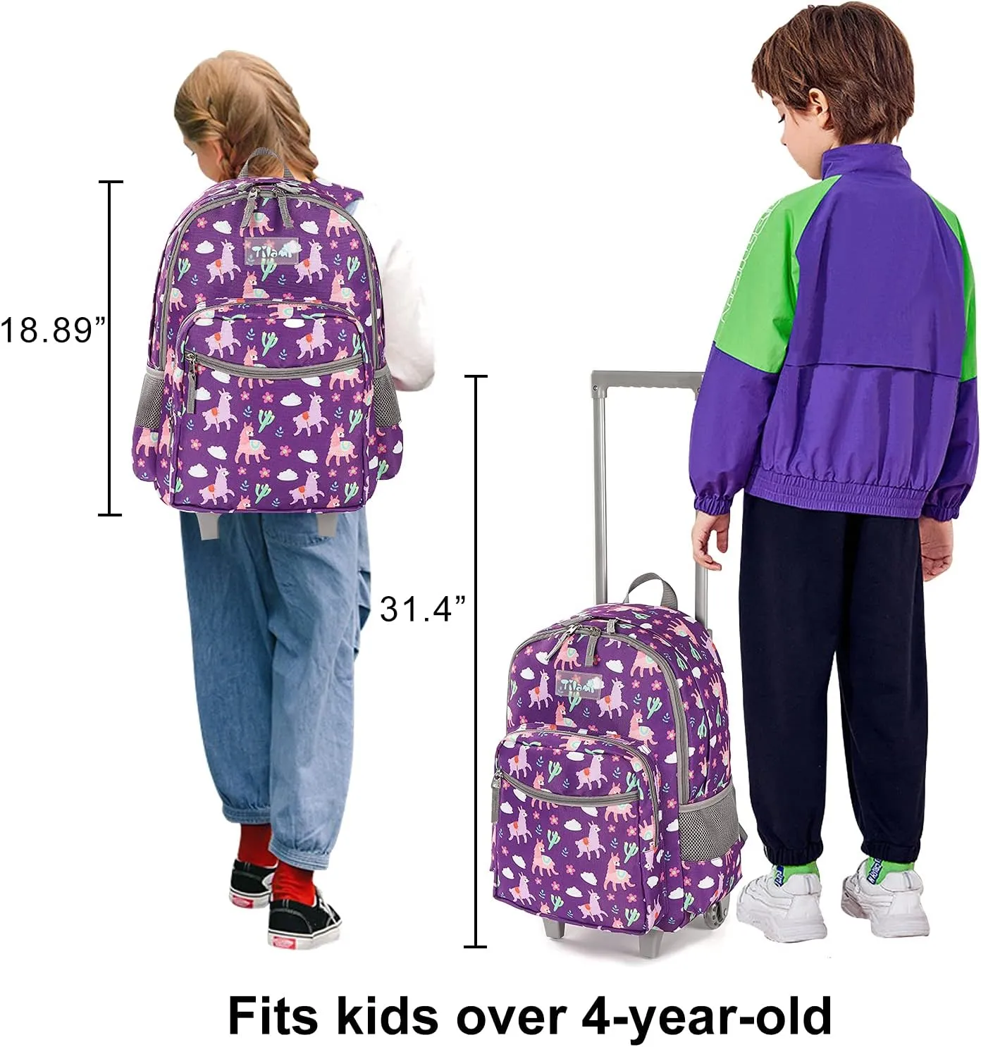 Tilami Rolling Backpack 18 inch Double Handle with Lunch Bag Wheeled Kids Backpack for Girls and Boys, Purple Alpaca