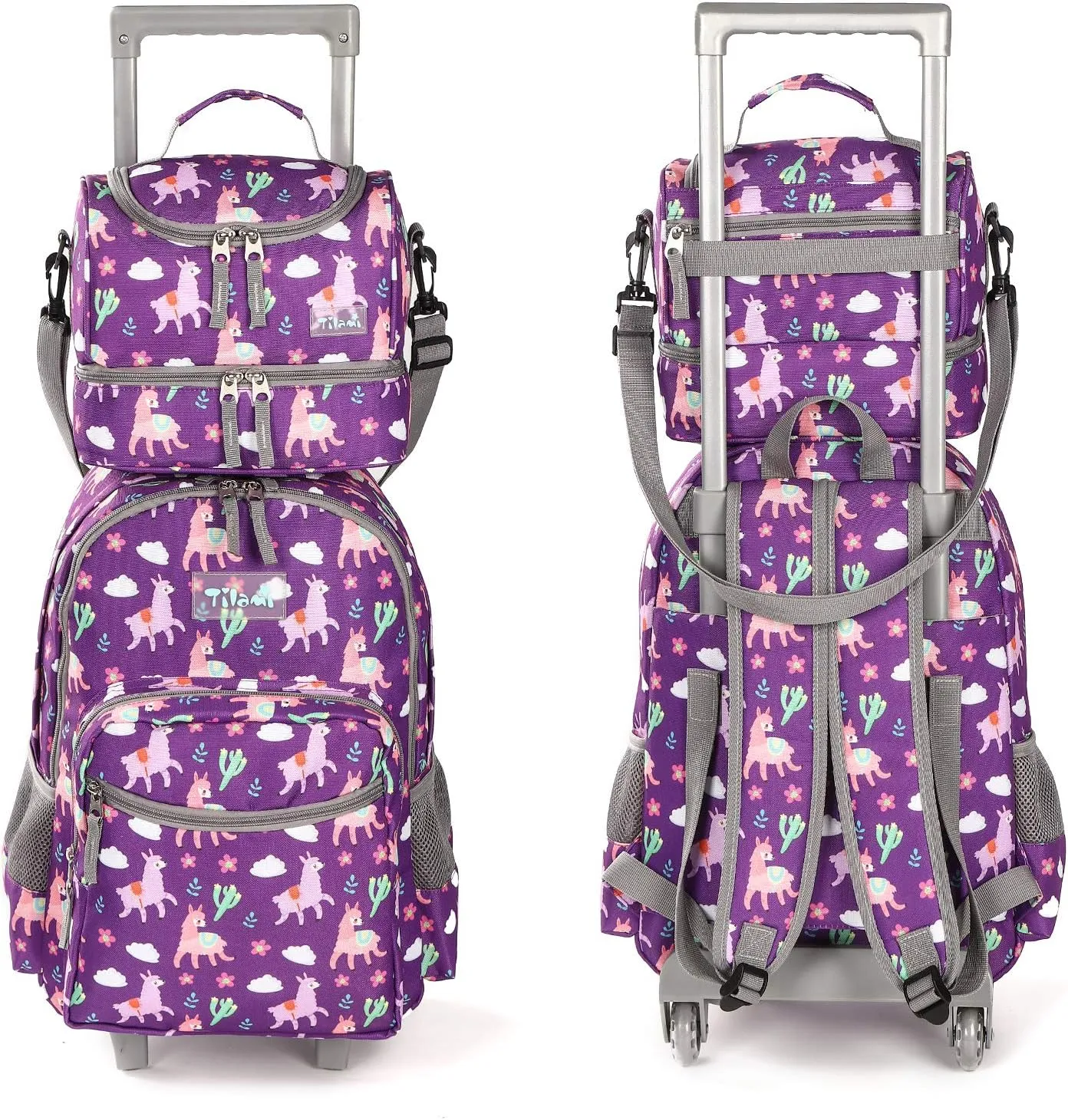 Tilami Rolling Backpack 18 inch Double Handle with Lunch Bag Wheeled Kids Backpack for Girls and Boys, Purple Alpaca