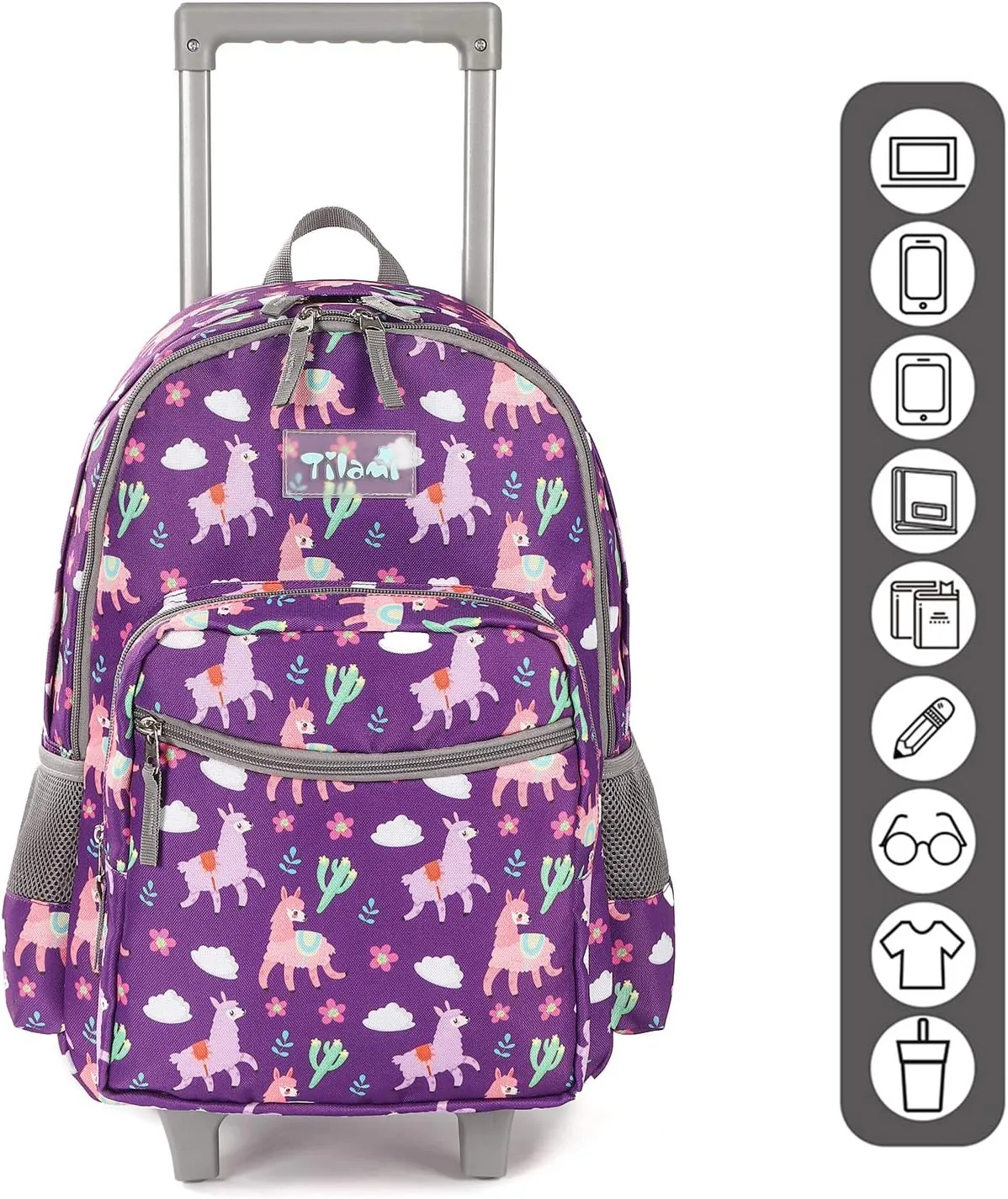 Tilami Rolling Backpack 18 inch Double Handle with Lunch Bag Wheeled Kids Backpack for Girls and Boys, Purple Alpaca