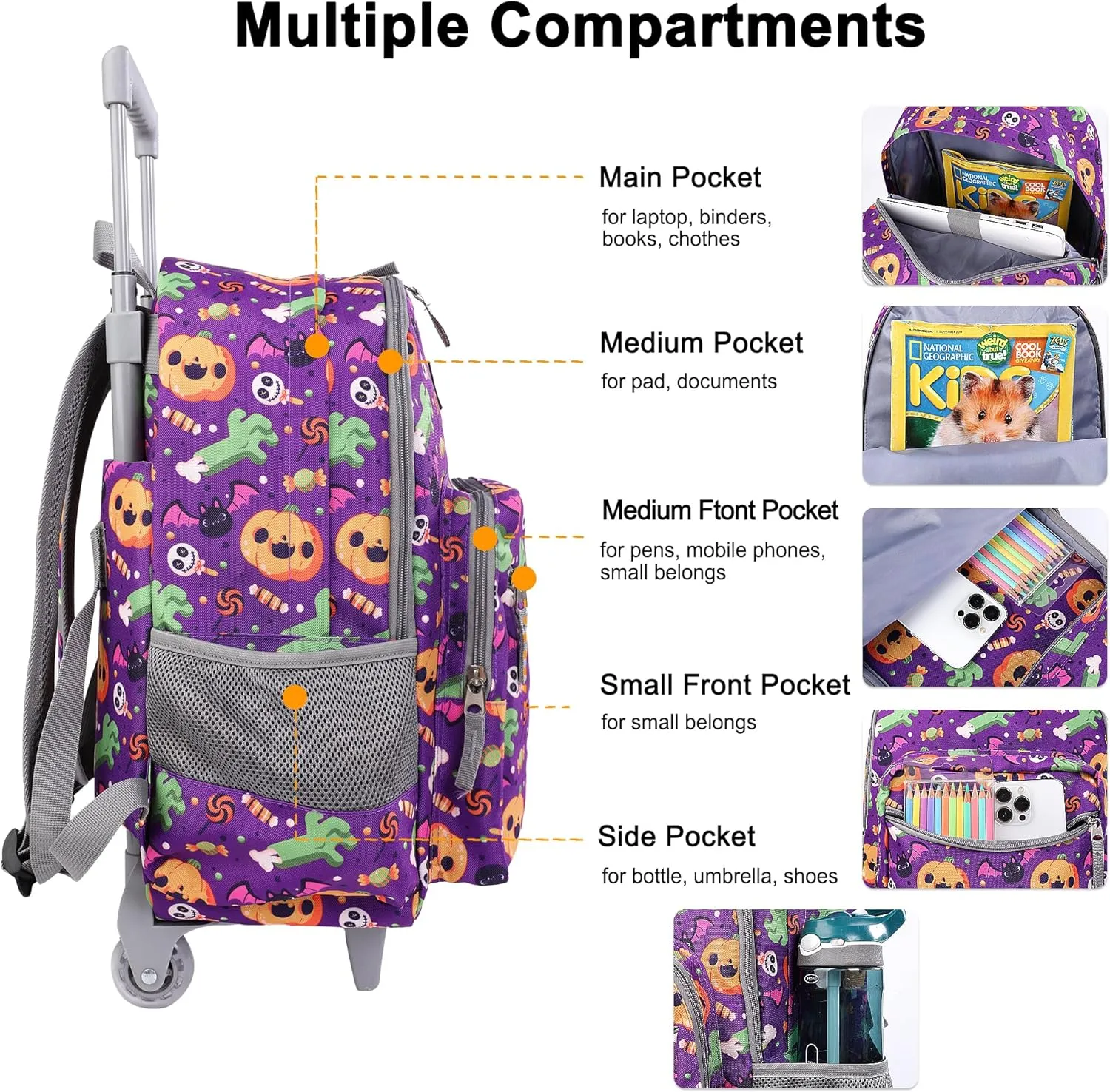 Tilami Rolling Backpack 18 inch Double Handle with Lunch Bag Wheeled Kids Backpack, Halloween Purple