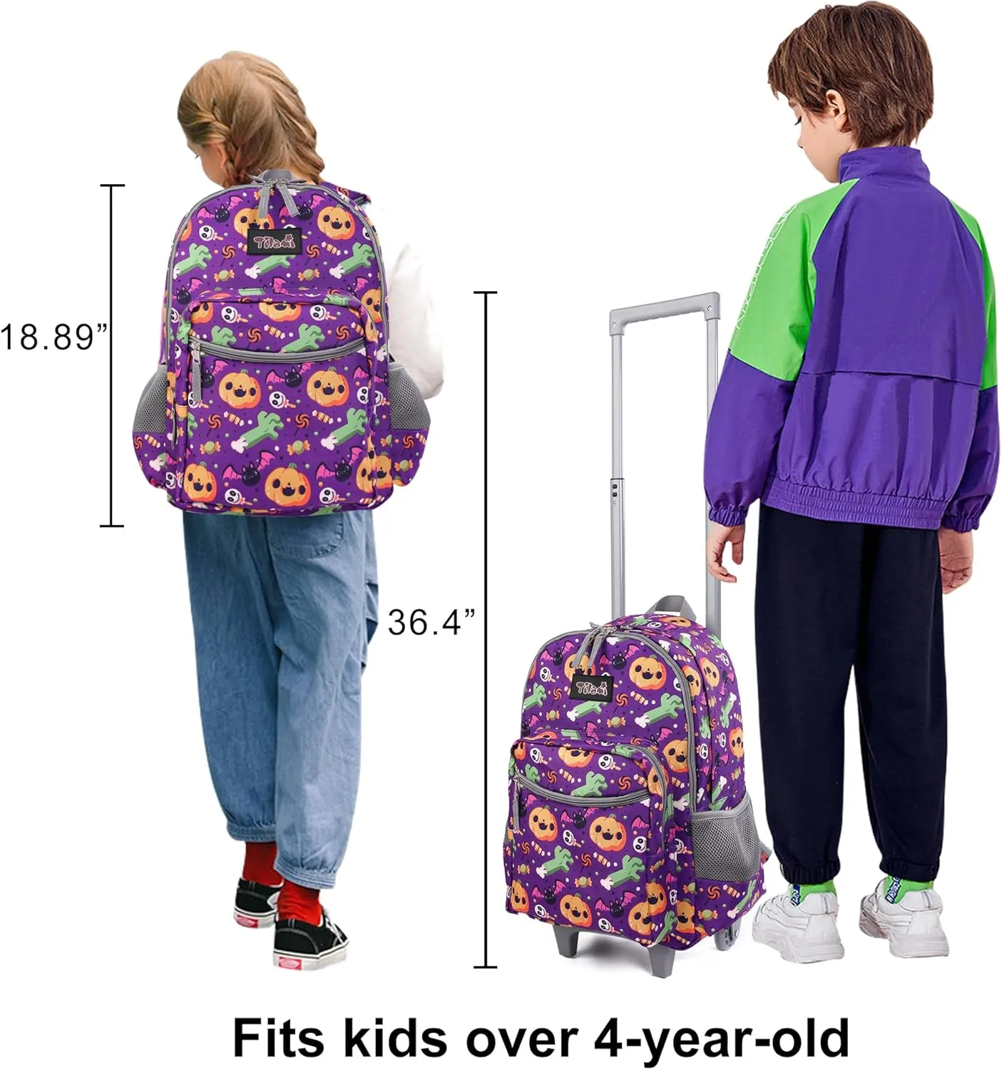 Tilami Rolling Backpack 18 inch Double Handle with Lunch Bag Wheeled Kids Backpack, Halloween Purple