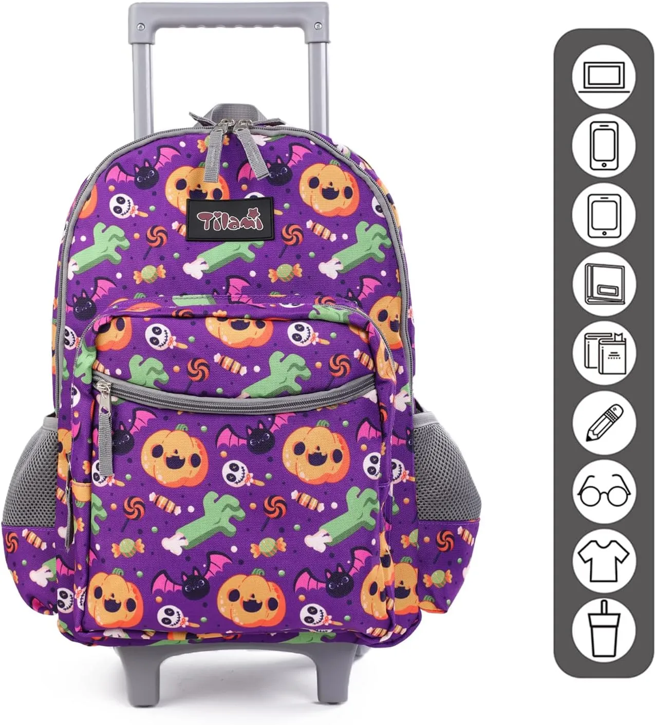 Tilami Rolling Backpack 18 inch Double Handle with Lunch Bag Wheeled Kids Backpack, Halloween Purple