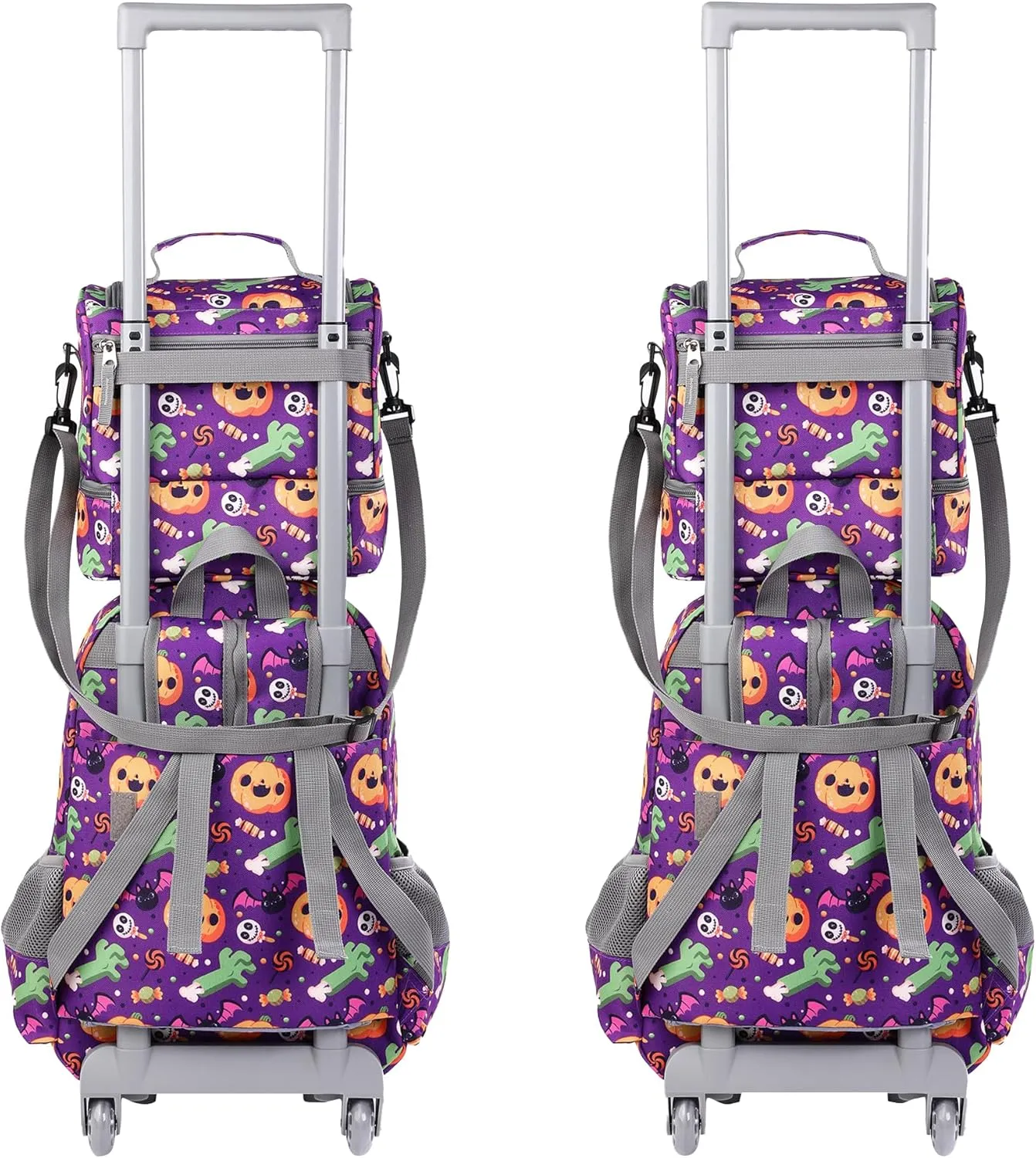 Tilami Rolling Backpack 18 inch Double Handle with Lunch Bag Wheeled Kids Backpack, Halloween Purple