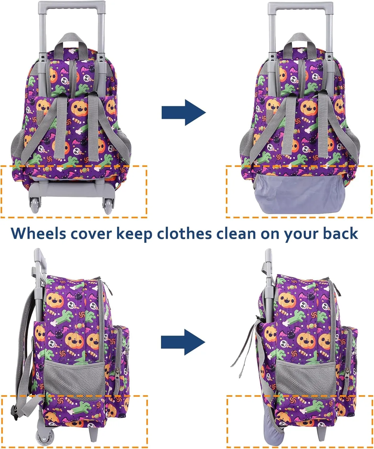 Tilami Rolling Backpack 18 inch Double Handle with Lunch Bag Wheeled Kids Backpack, Halloween Purple