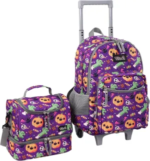 Tilami Rolling Backpack 18 inch Double Handle with Lunch Bag Wheeled Kids Backpack, Halloween Purple