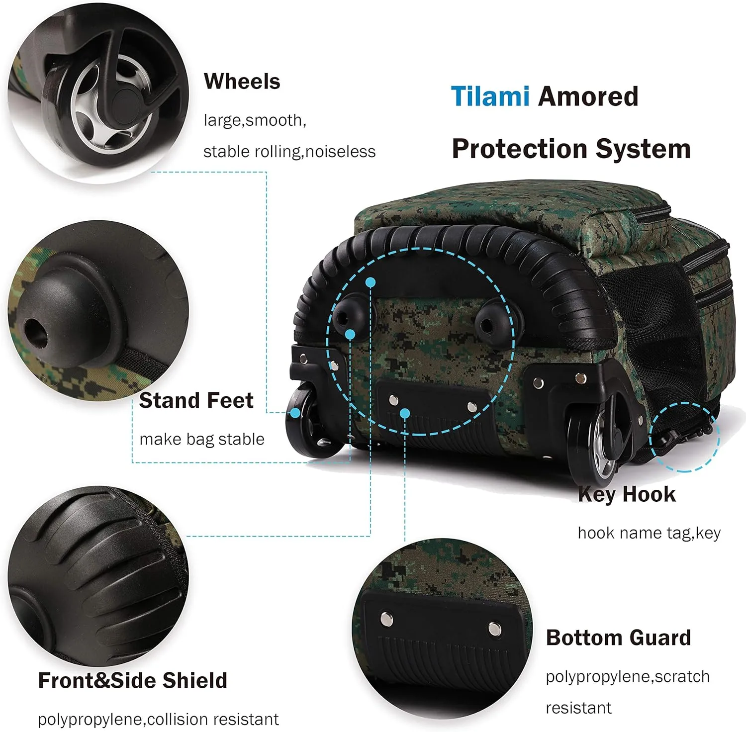 Tilami Rolling Backpack 19 inch with Lunch Bag Wheeled Laptop Backpack, Camouflage