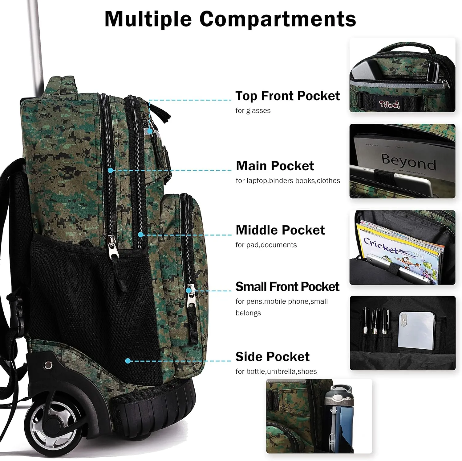 Tilami Rolling Backpack 19 inch with Lunch Bag Wheeled Laptop Backpack, Camouflage