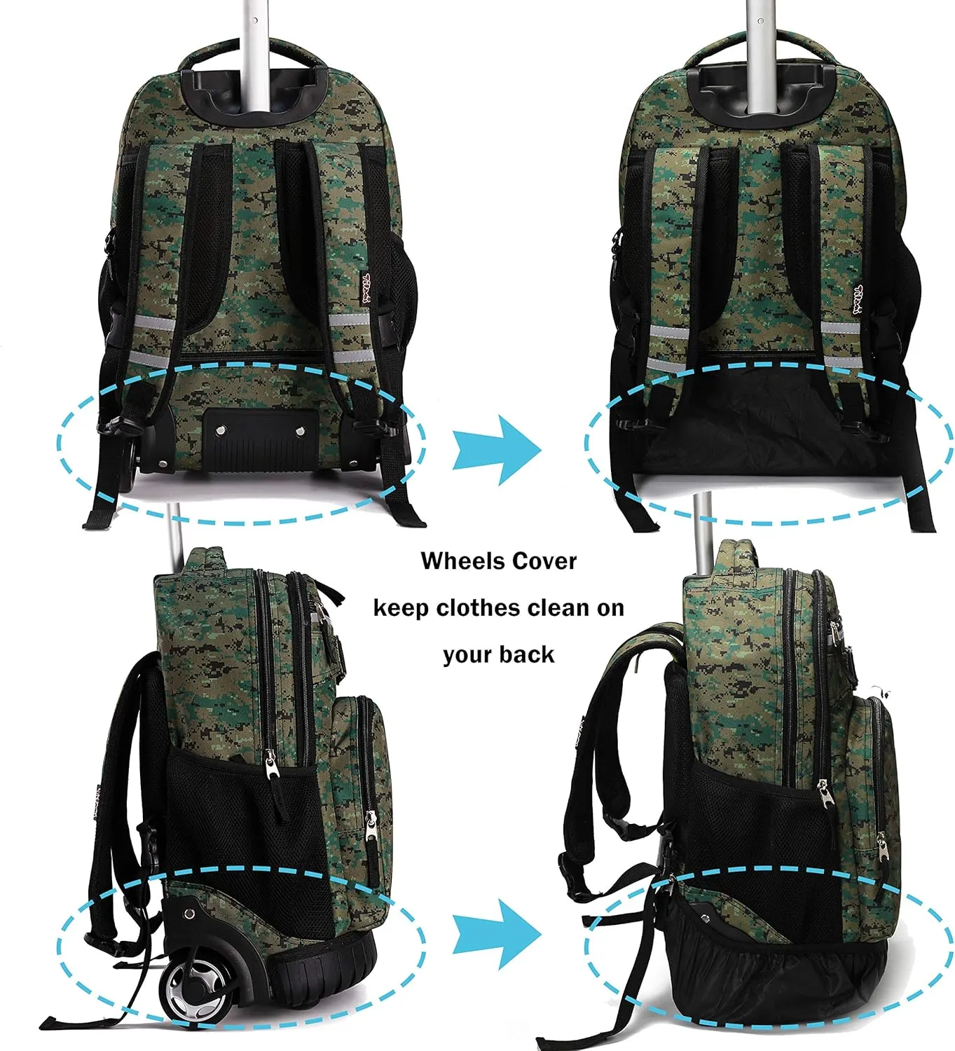 Tilami Rolling Backpack 19 inch with Lunch Bag Wheeled Laptop Backpack, Camouflage