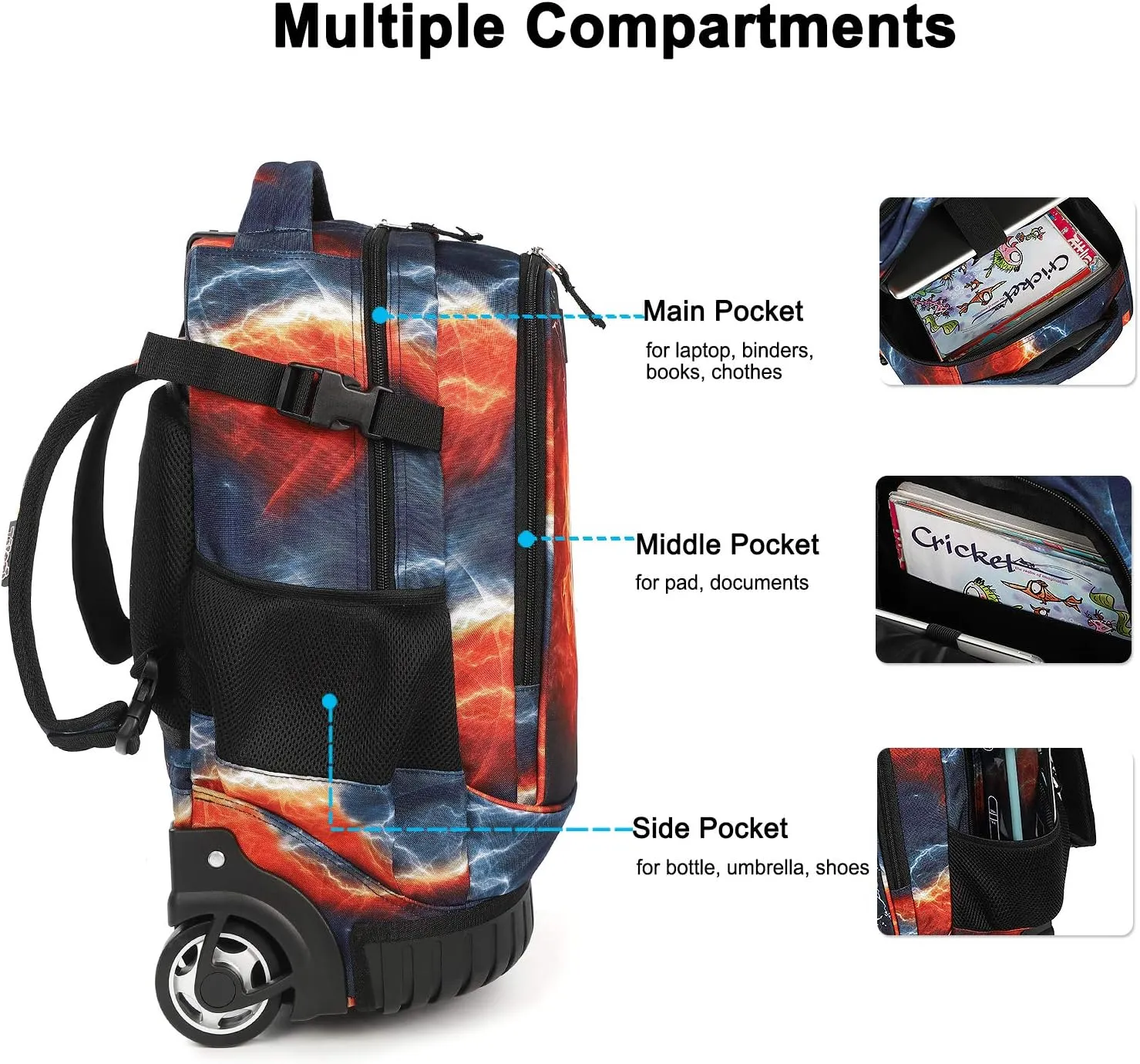 Tilami Rolling Backpack 19 inch with Lunch Bag Wheeled Laptop Backpack (Football)