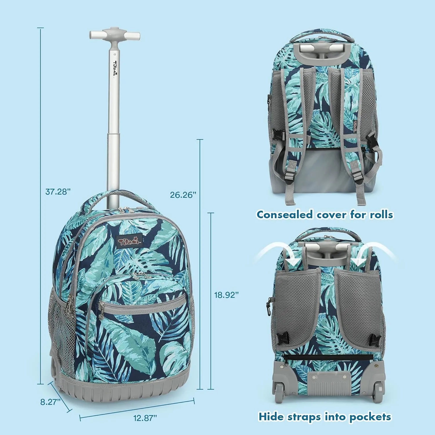 Tilami Rolling Backpack 19 inch with Lunch Bag Wheeled Laptop Backpack for Girls and Boys, Rainforest Green