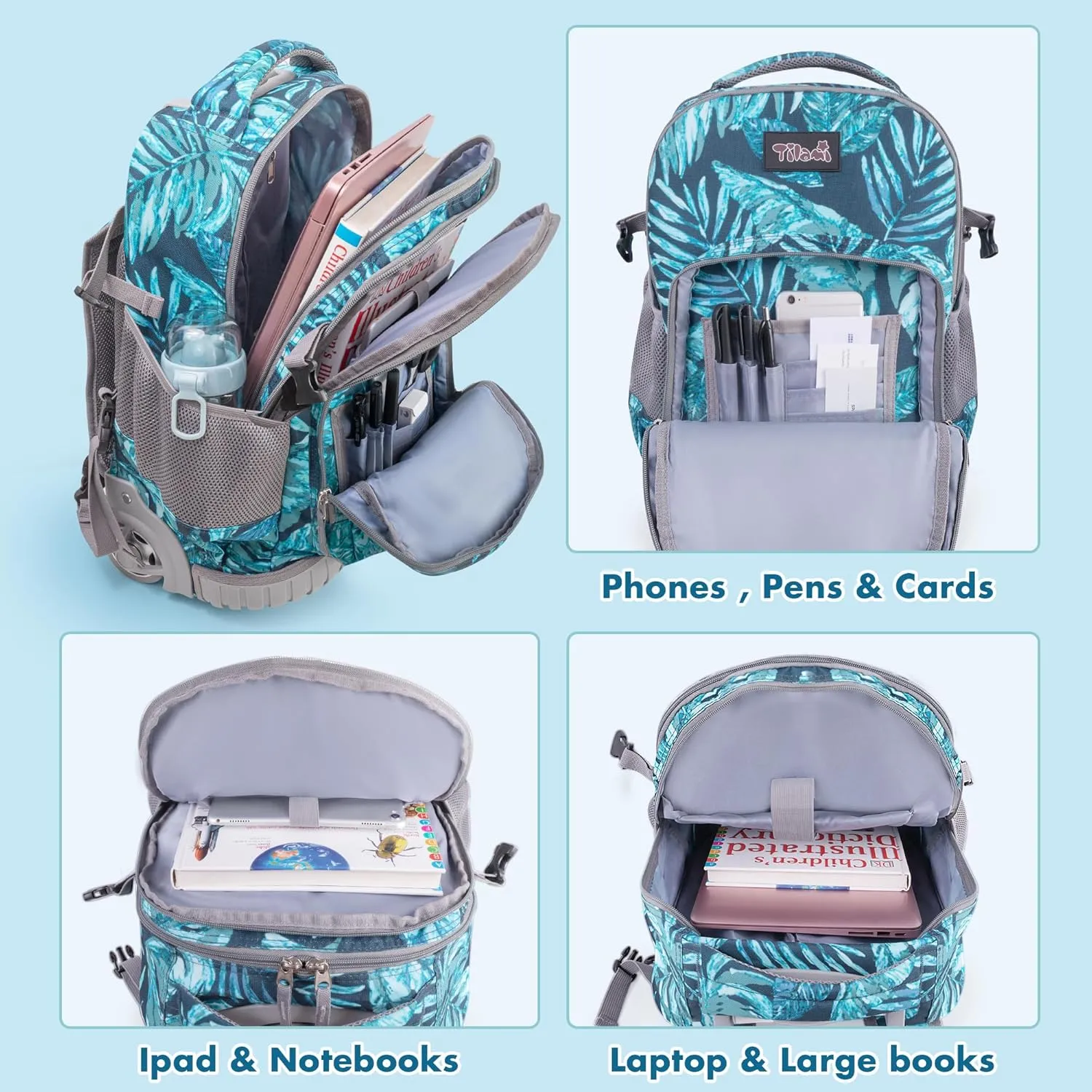 Tilami Rolling Backpack 19 inch with Lunch Bag Wheeled Laptop Backpack for Girls and Boys, Rainforest Green