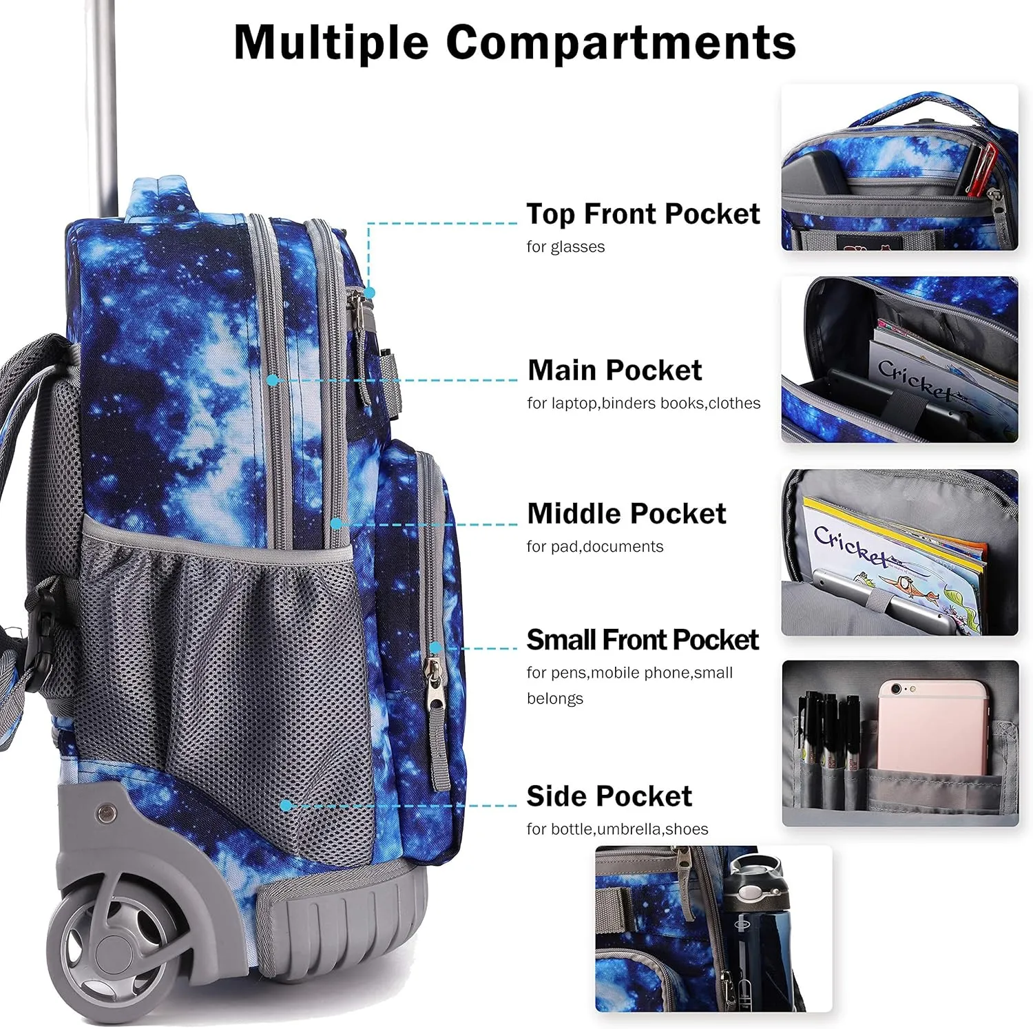 Tilami Rolling Backpack 19 inch with Lunch Bag Wheeled Laptop Backpack, Galaxy Blue