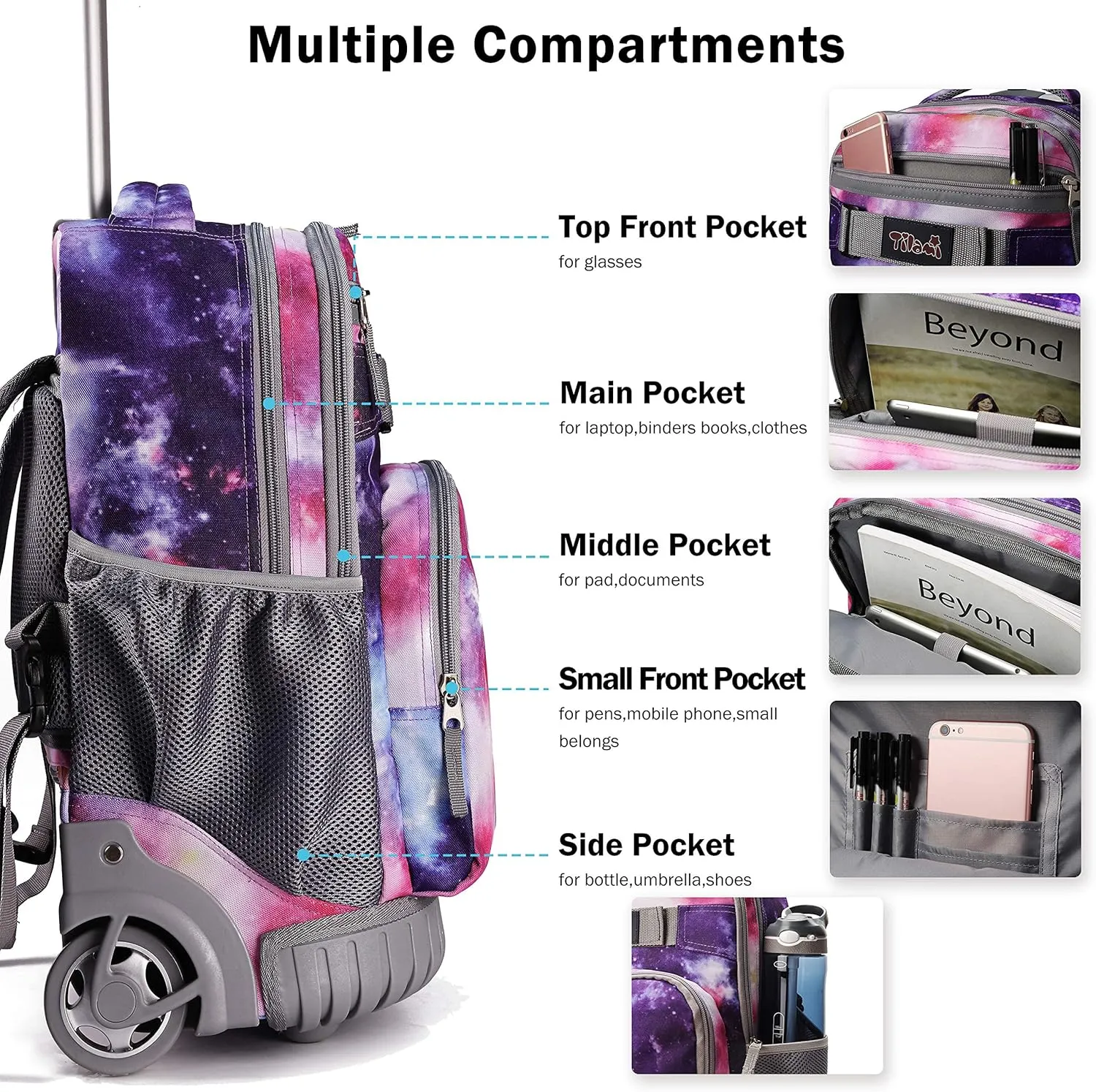 Tilami Rolling Backpack 19 inch with Lunch Bag Wheeled Laptop Backpack, Galaxy Purple