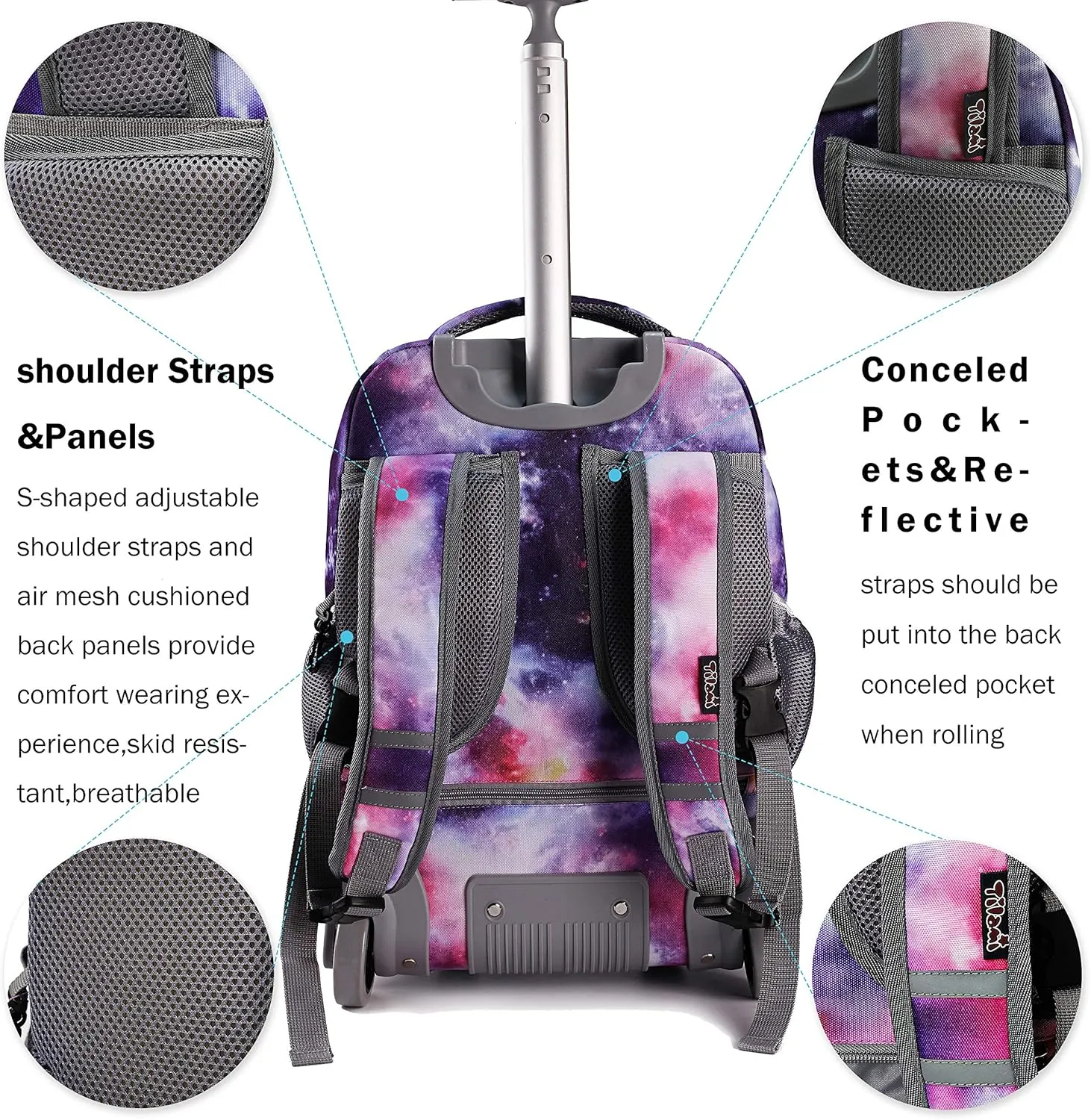 Tilami Rolling Backpack 19 inch with Lunch Bag Wheeled Laptop Backpack, Galaxy Purple