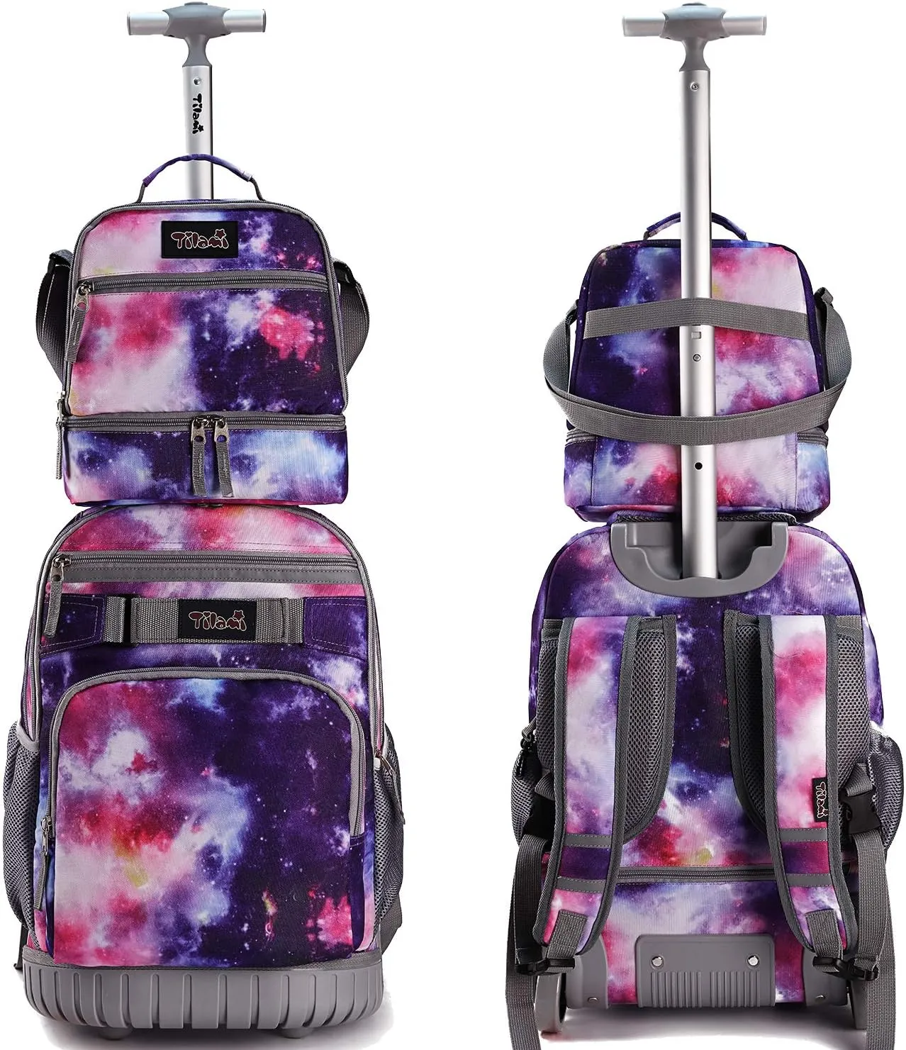 Tilami Rolling Backpack 19 inch with Lunch Bag Wheeled Laptop Backpack, Galaxy Purple