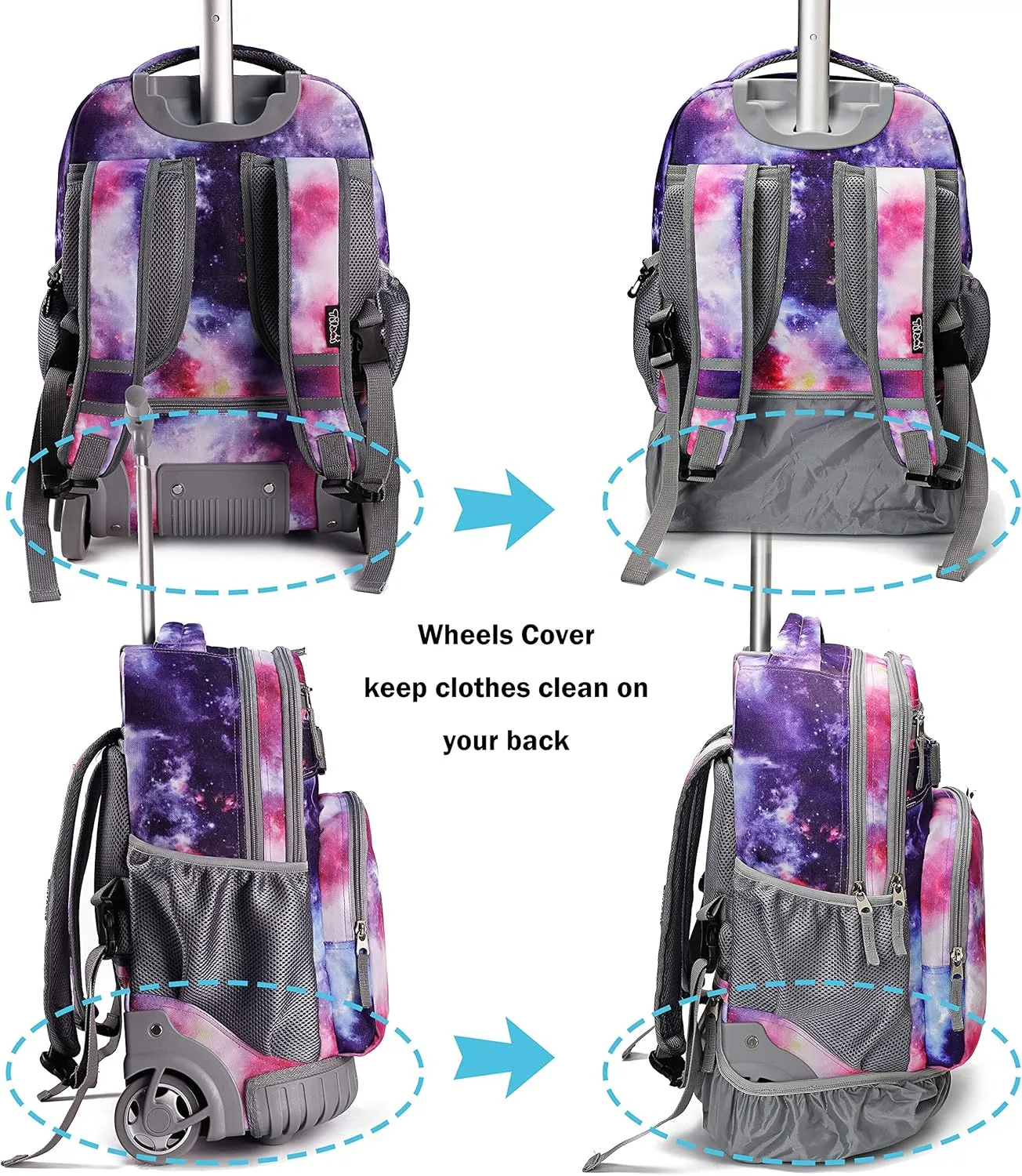 Tilami Rolling Backpack 19 inch with Lunch Bag Wheeled Laptop Backpack, Galaxy Purple