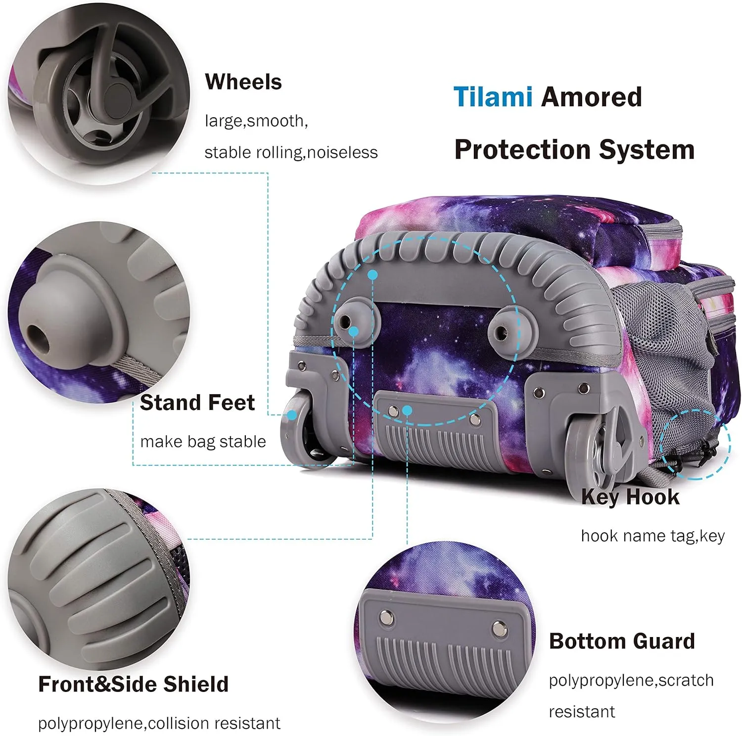 Tilami Rolling Backpack 19 inch with Lunch Bag Wheeled Laptop Backpack, Galaxy Purple