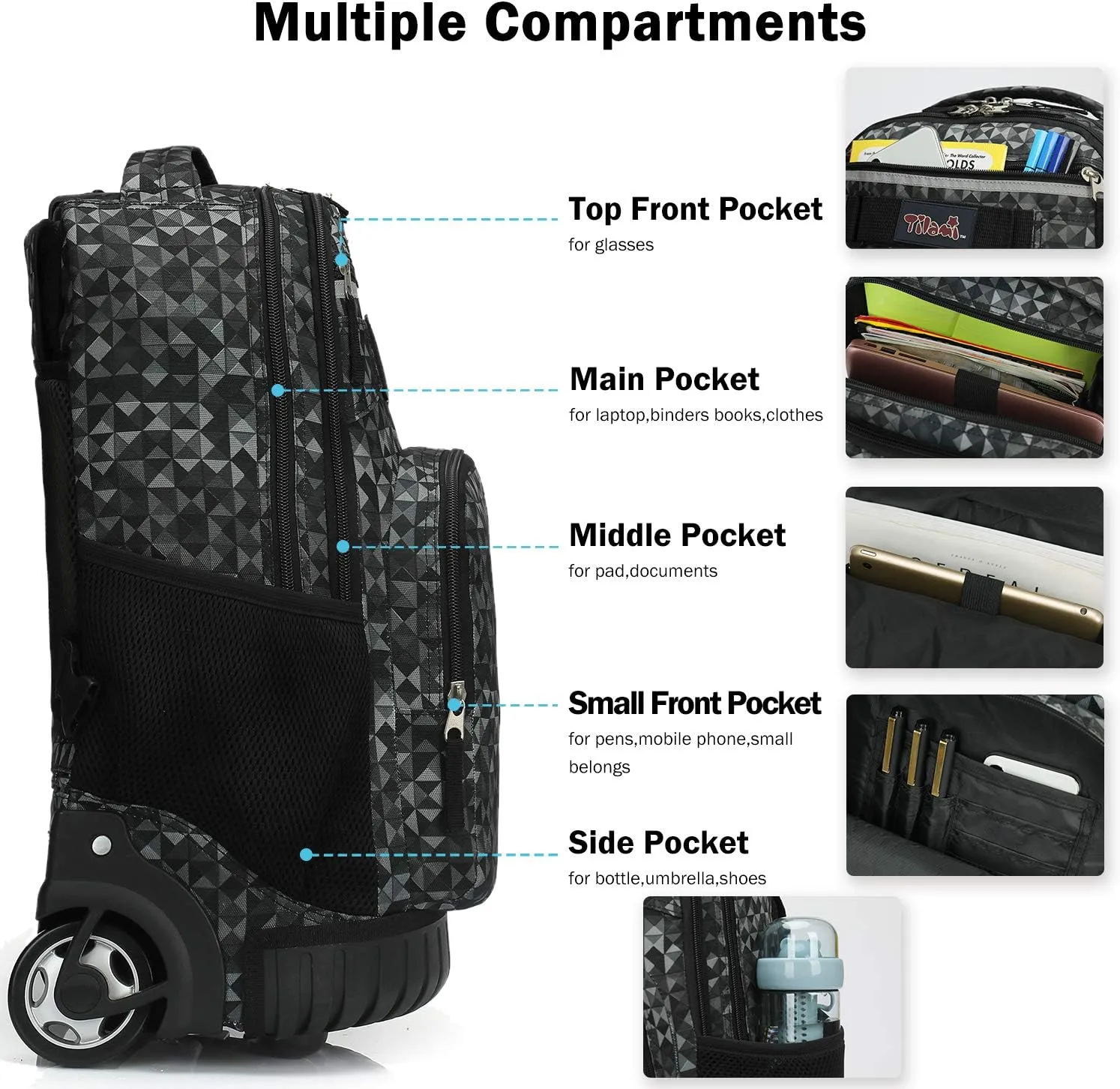 Tilami Rolling Backpack 19 inch with Lunch Bag Wheeled Laptop Backpack, Grey