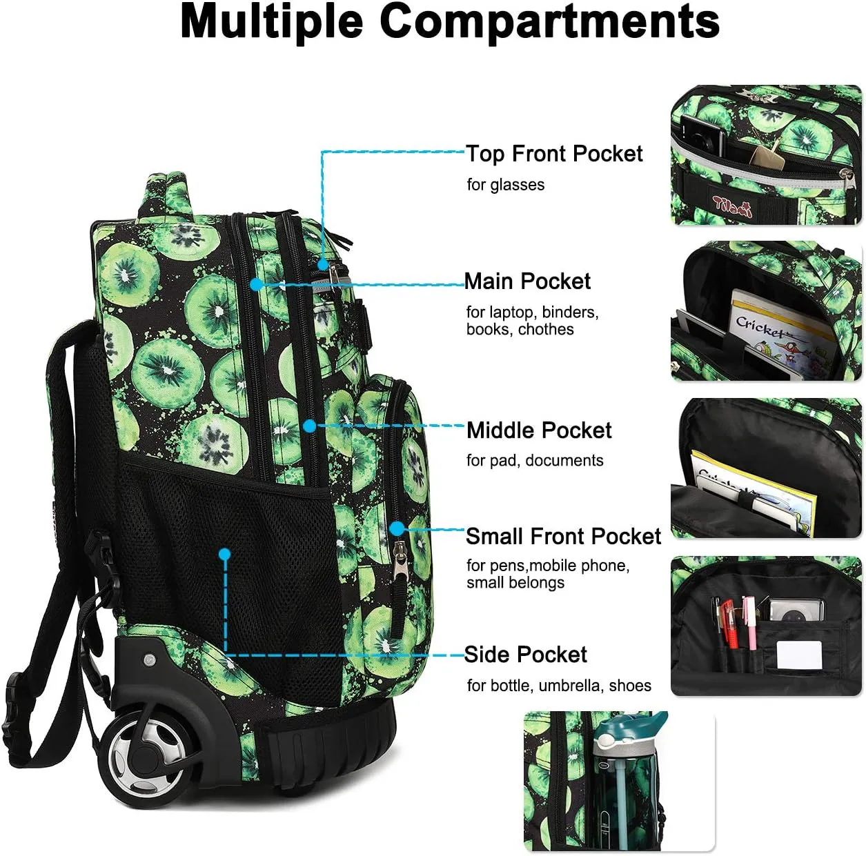 Tilami Rolling Backpack 19 inch with Lunch Bag Wheeled Laptop Backpack (Kiwi)