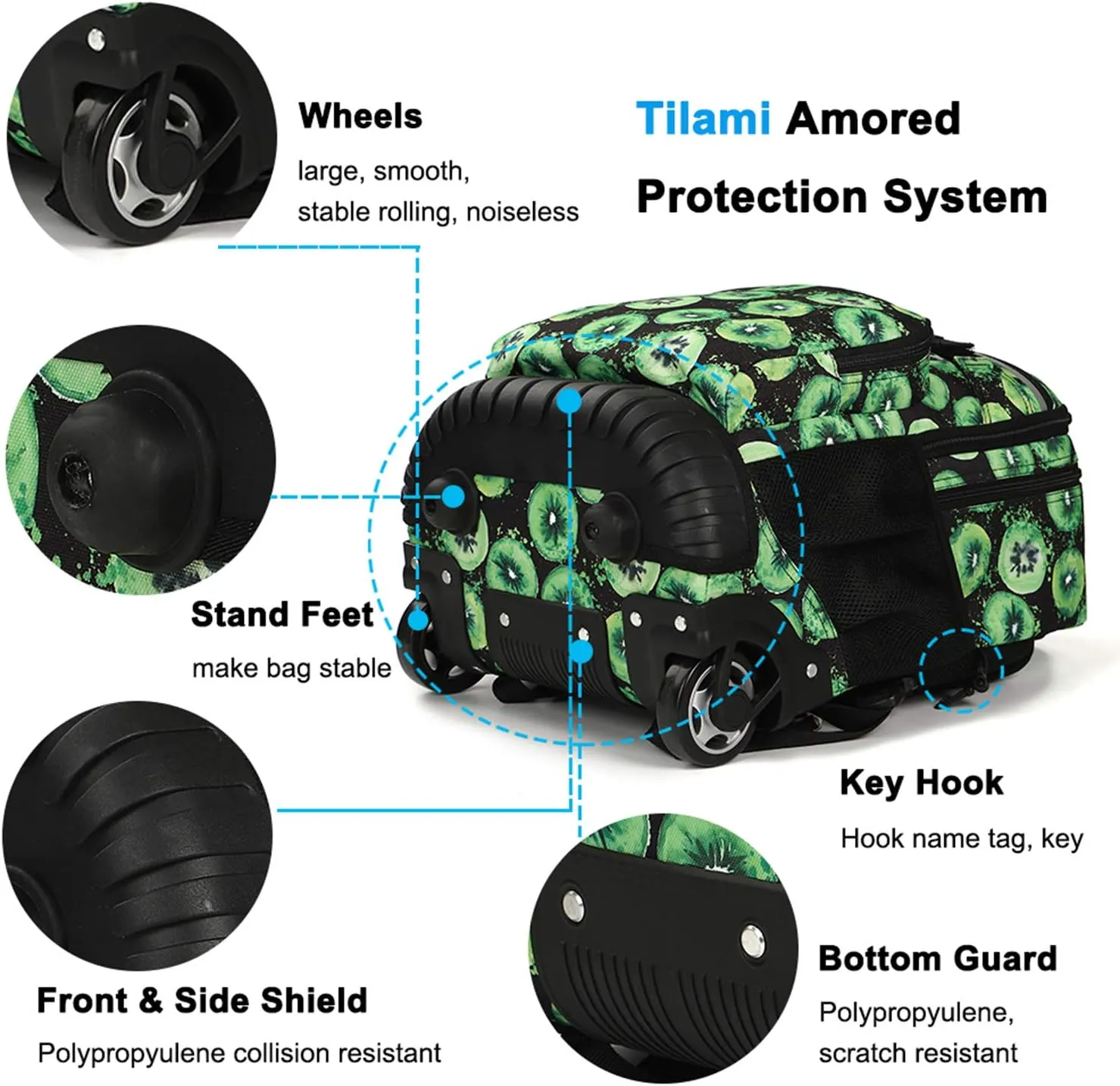 Tilami Rolling Backpack 19 inch with Lunch Bag Wheeled Laptop Backpack (Kiwi)
