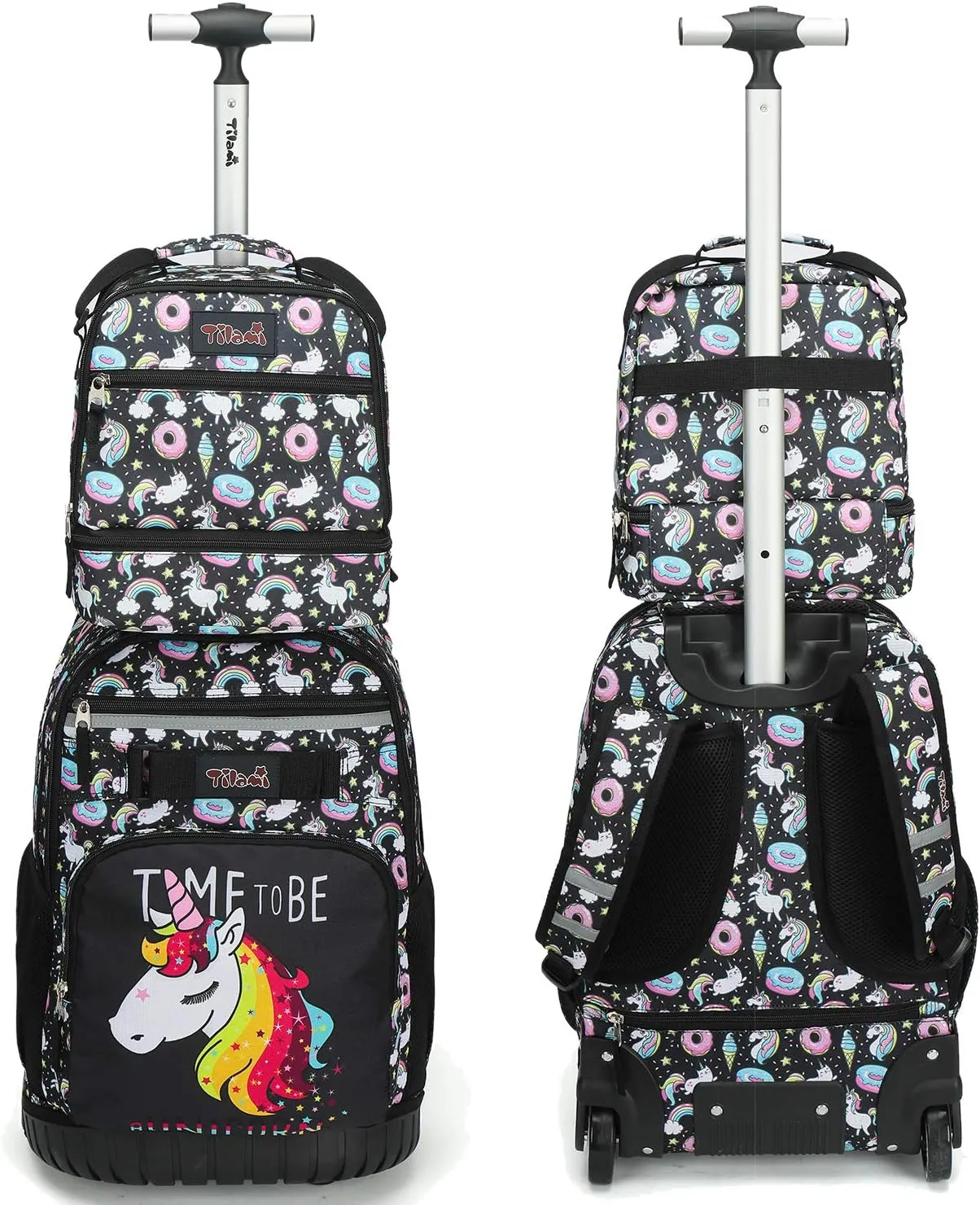 Tilami Rolling Backpack 19 inch with Lunch Bag Wheeled Laptop Backpack, Unicorn Cute