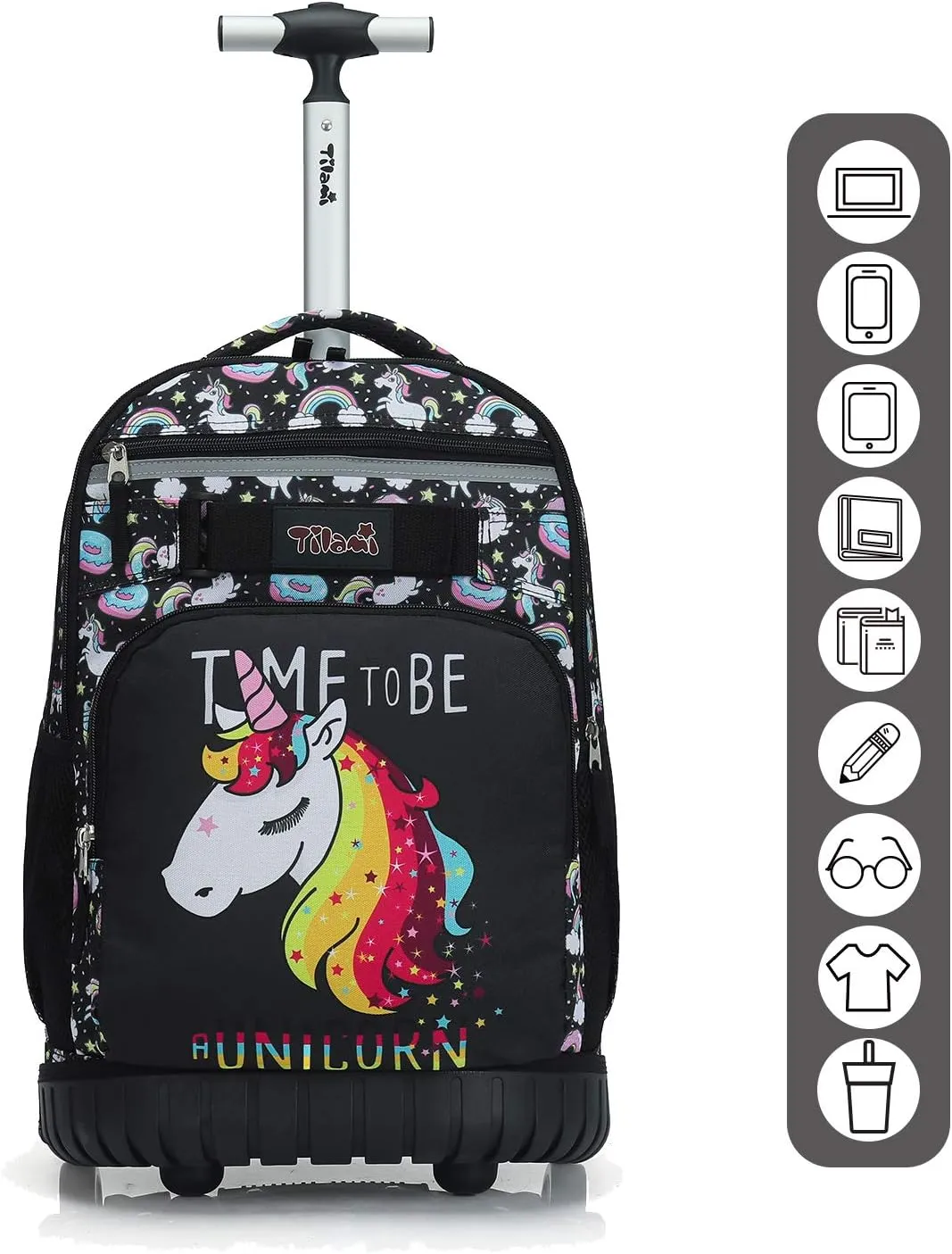 Tilami Rolling Backpack 19 inch with Lunch Bag Wheeled Laptop Backpack, Unicorn Cute