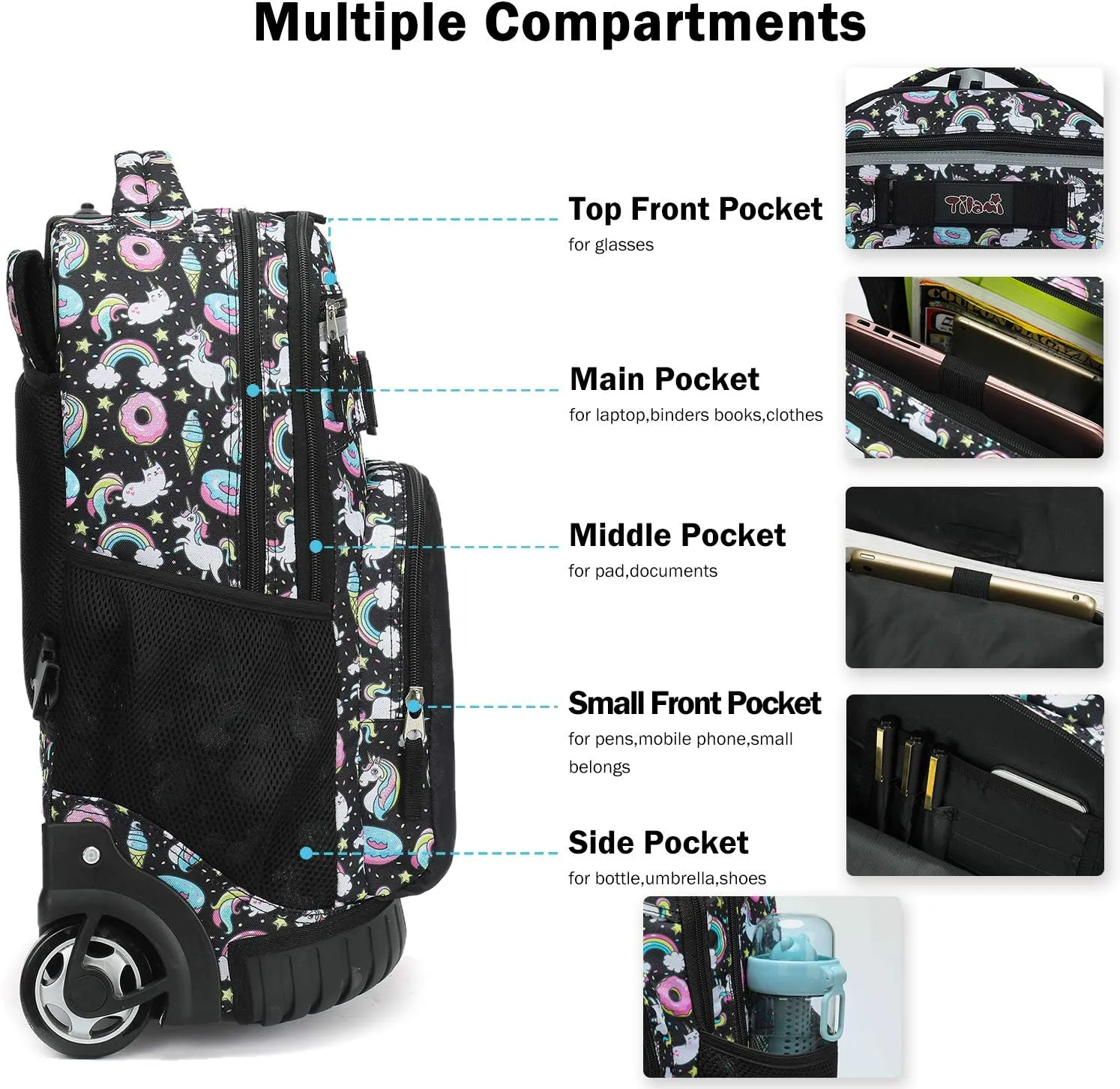 Tilami Rolling Backpack 19 inch with Lunch Bag Wheeled Laptop Backpack, Unicorn Cute