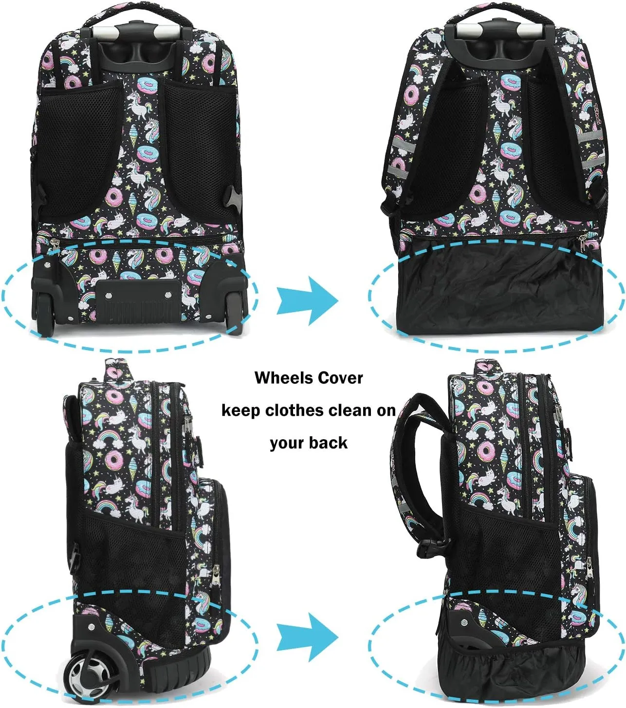 Tilami Rolling Backpack 19 inch with Lunch Bag Wheeled Laptop Backpack, Unicorn Cute