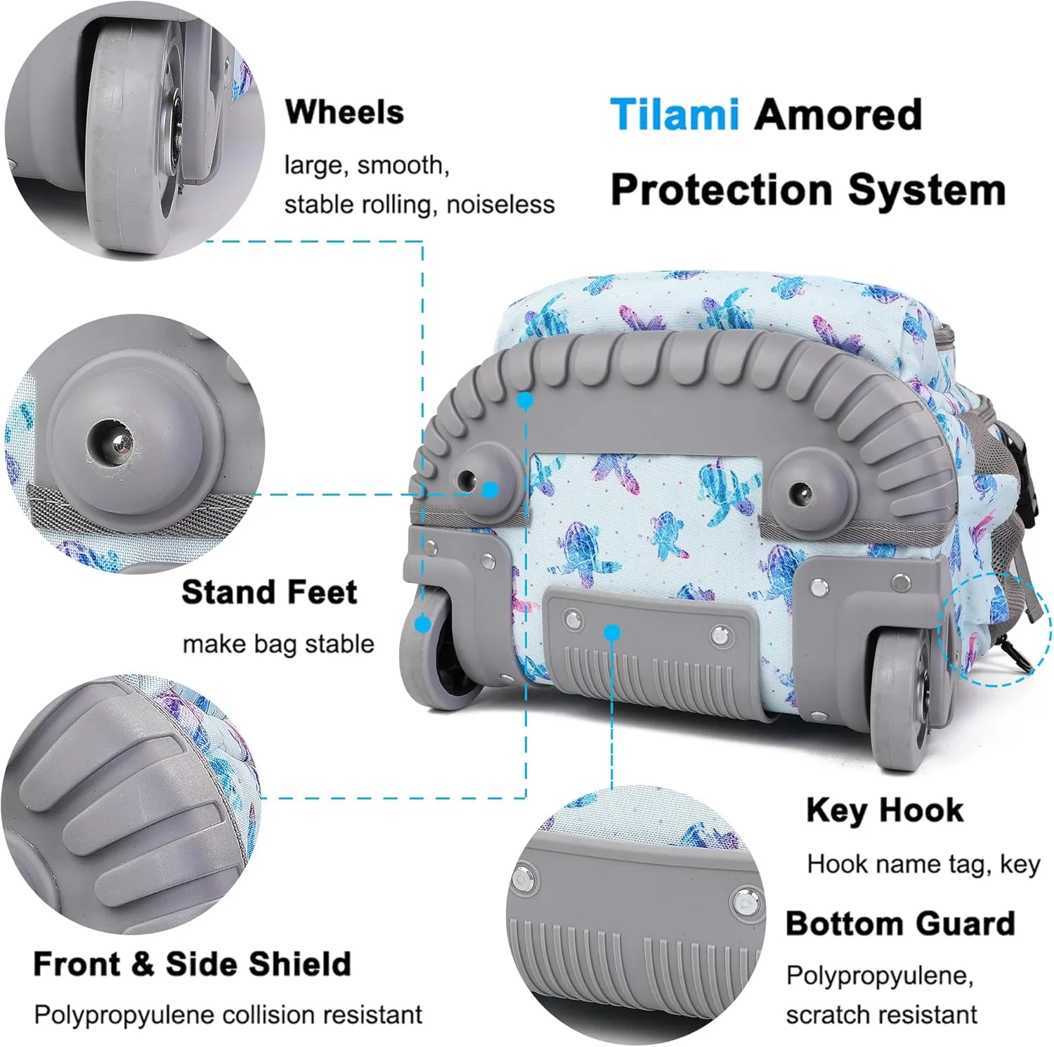 Tilami Rolling Backpack 19 inch with Lunchbox Wheeled Laptop Backpack, Turtle Blue