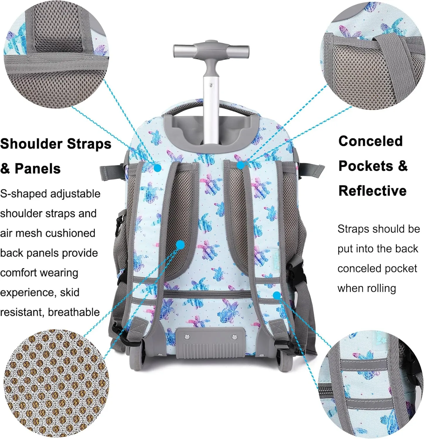 Tilami Rolling Backpack 19 inch with Lunchbox Wheeled Laptop Backpack, Turtle Blue