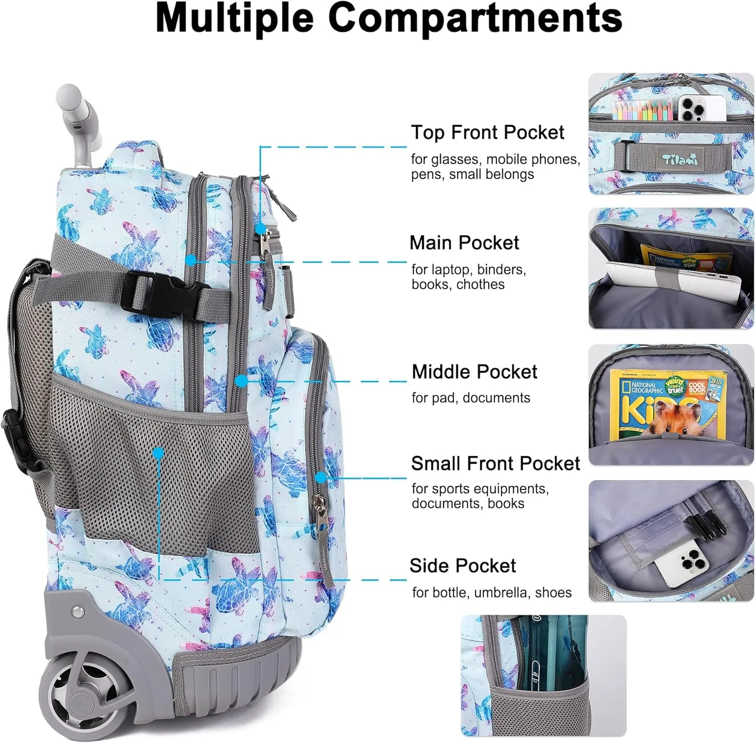 Tilami Rolling Backpack 19 inch with Lunchbox Wheeled Laptop Backpack, Turtle Blue