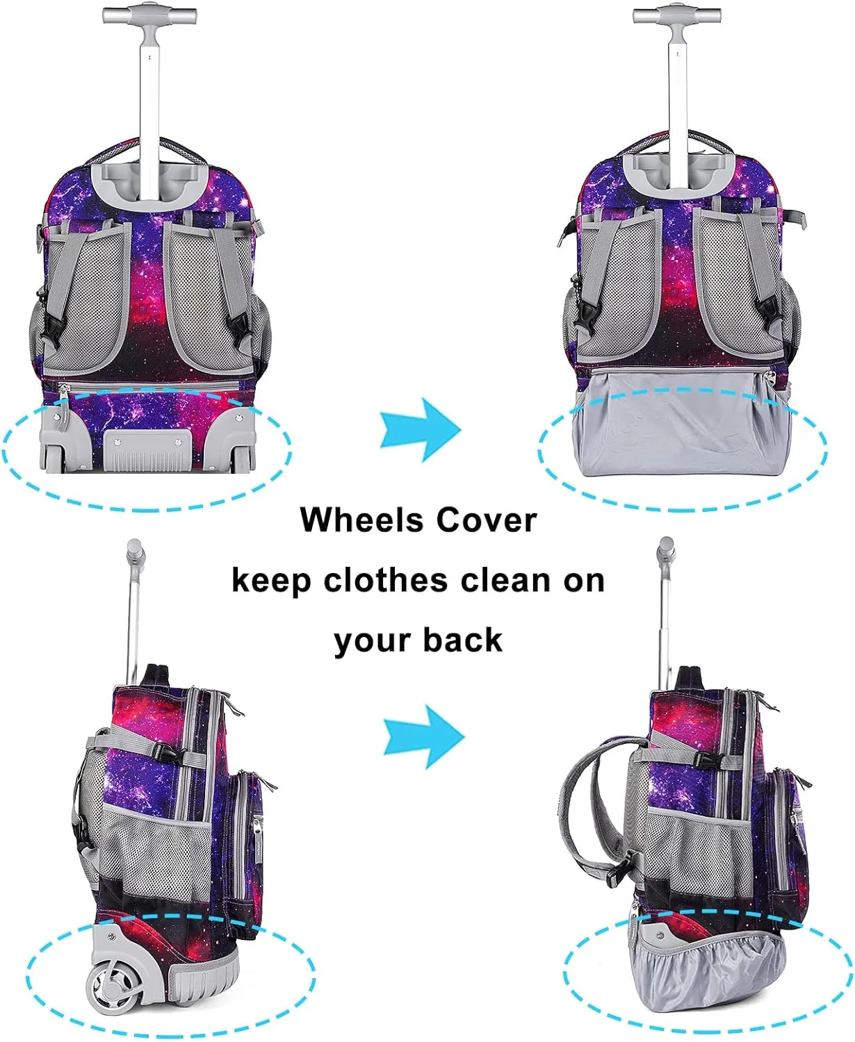 Tilami Rolling Backpack Armor Luggage School Travel Book Laptop 18 Inch Multifunction Wheeled Backpack Students, Deep Red Galaxy
