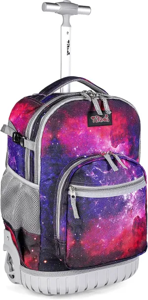 Tilami Rolling Backpack Armor Luggage School Travel Book Laptop 18 Inch Multifunction Wheeled Backpack Students, Deep Red Galaxy