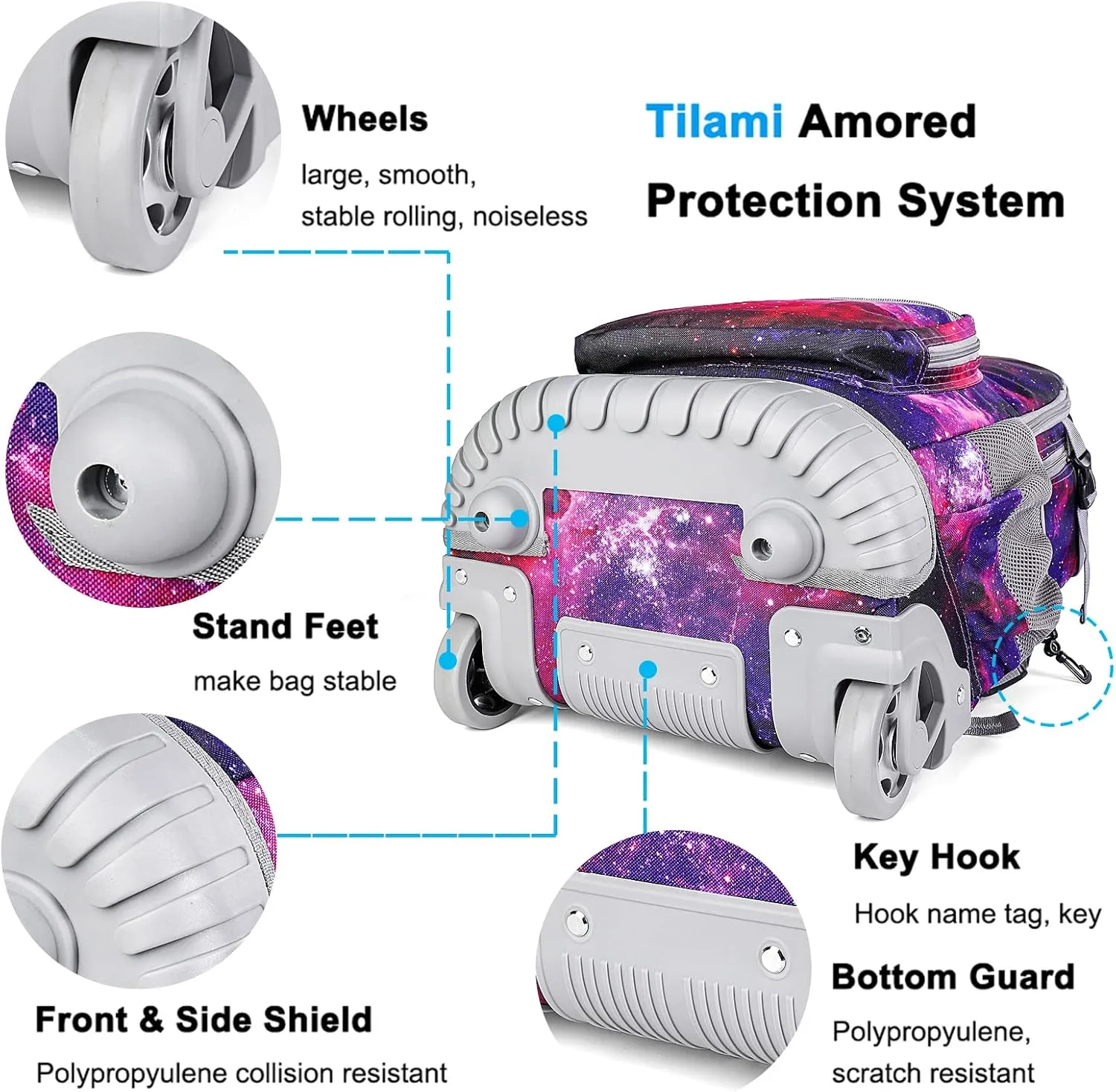 Tilami Rolling Backpack Armor Luggage School Travel Book Laptop 18 Inch Multifunction Wheeled Backpack Students, Deep Red Galaxy
