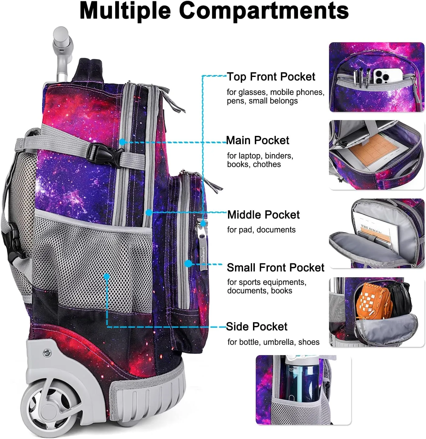 Tilami Rolling Backpack Armor Luggage School Travel Book Laptop 18 Inch Multifunction Wheeled Backpack Students, Deep Red Galaxy