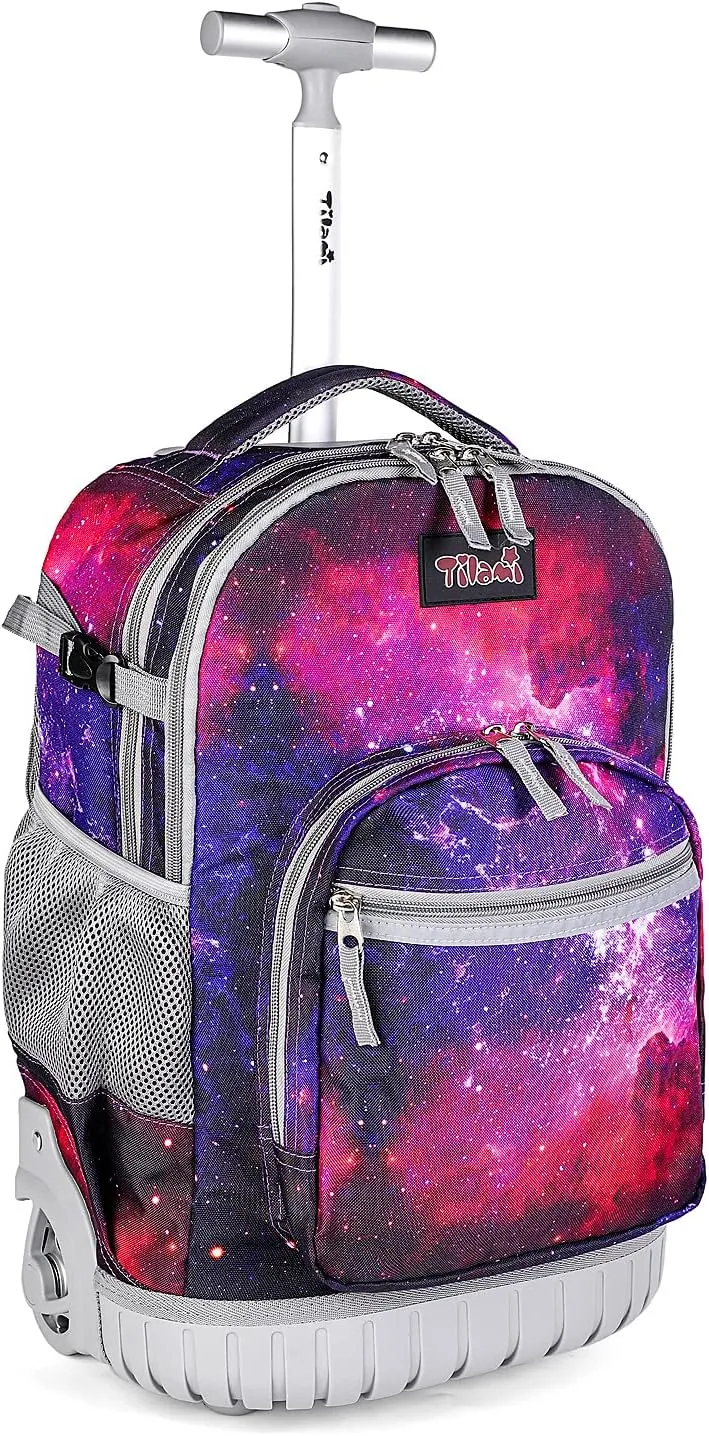 Tilami Rolling Backpack Armor Luggage School Travel Book Laptop 18 Inch Multifunction Wheeled Backpack Students, Deep Red Galaxy