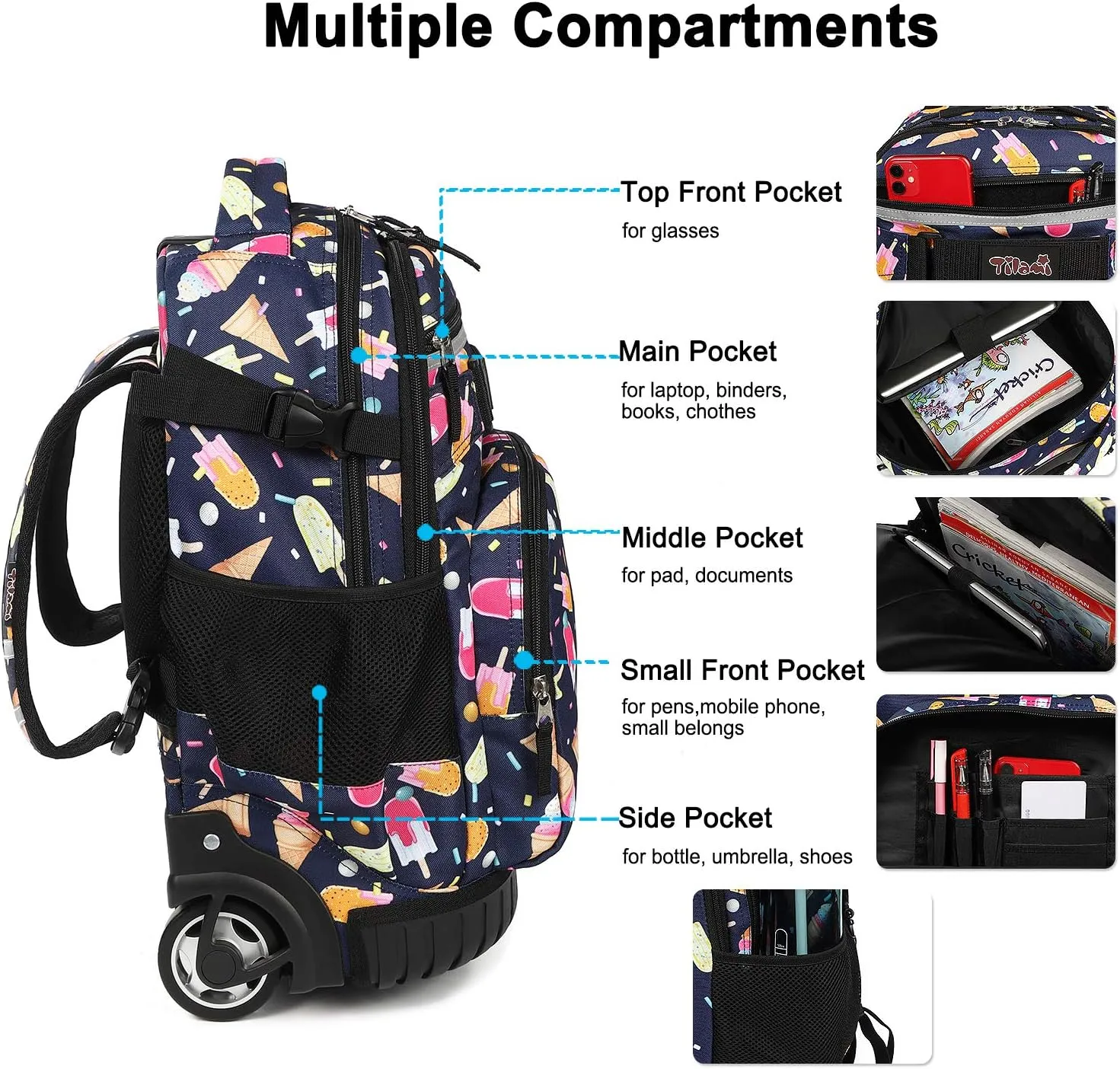 Tilami Rolling Backpack Armor Luggage School Travel Book Laptop 18 Inch Multifunction Wheeled Backpack Students