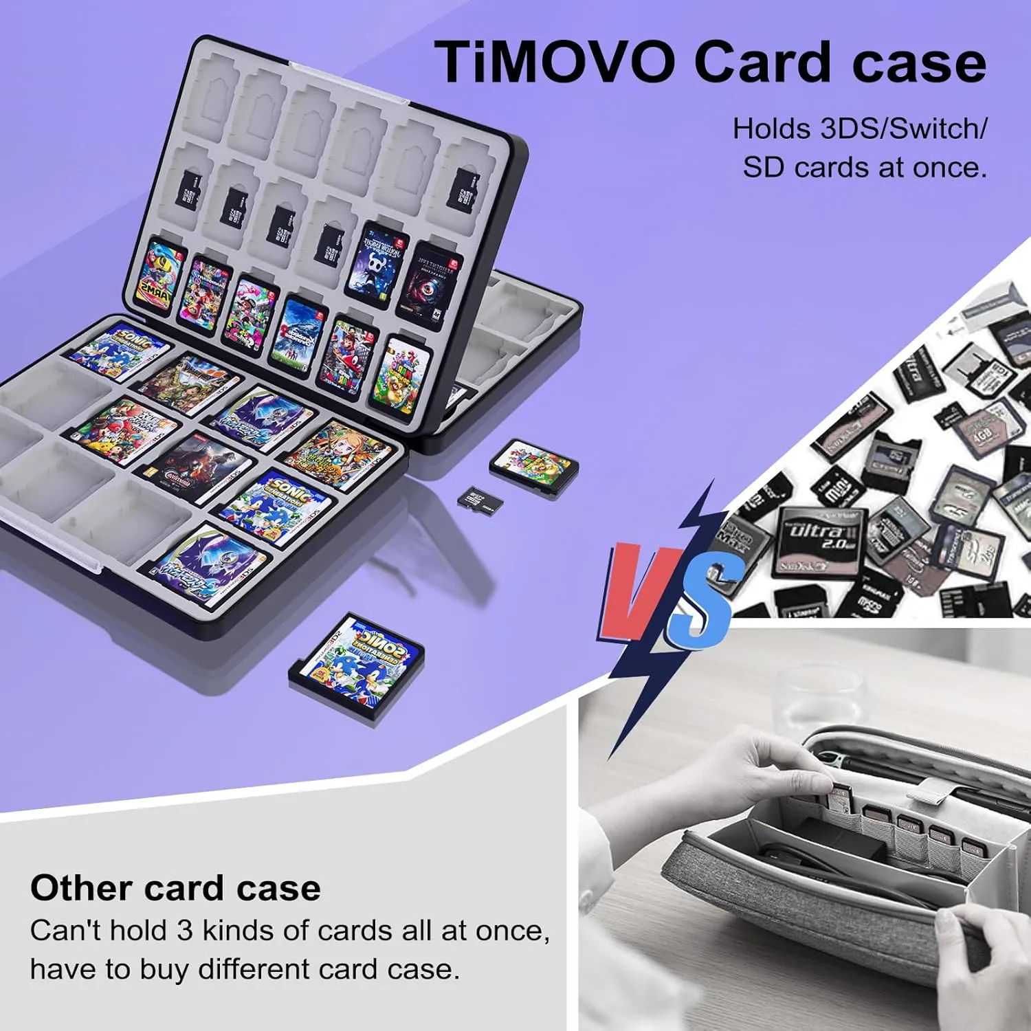 TiMOVO 60 Game Card Case for Switch OLED/Switch/3DS/2DS, 60 Slots Switch Game Holder Cartridge For 24 3DS/3DSXL/DS/DSi Cards & 60 Switch & 36 SD Cards, 3 in 1 Portable Game Storage Case, Black & Gray