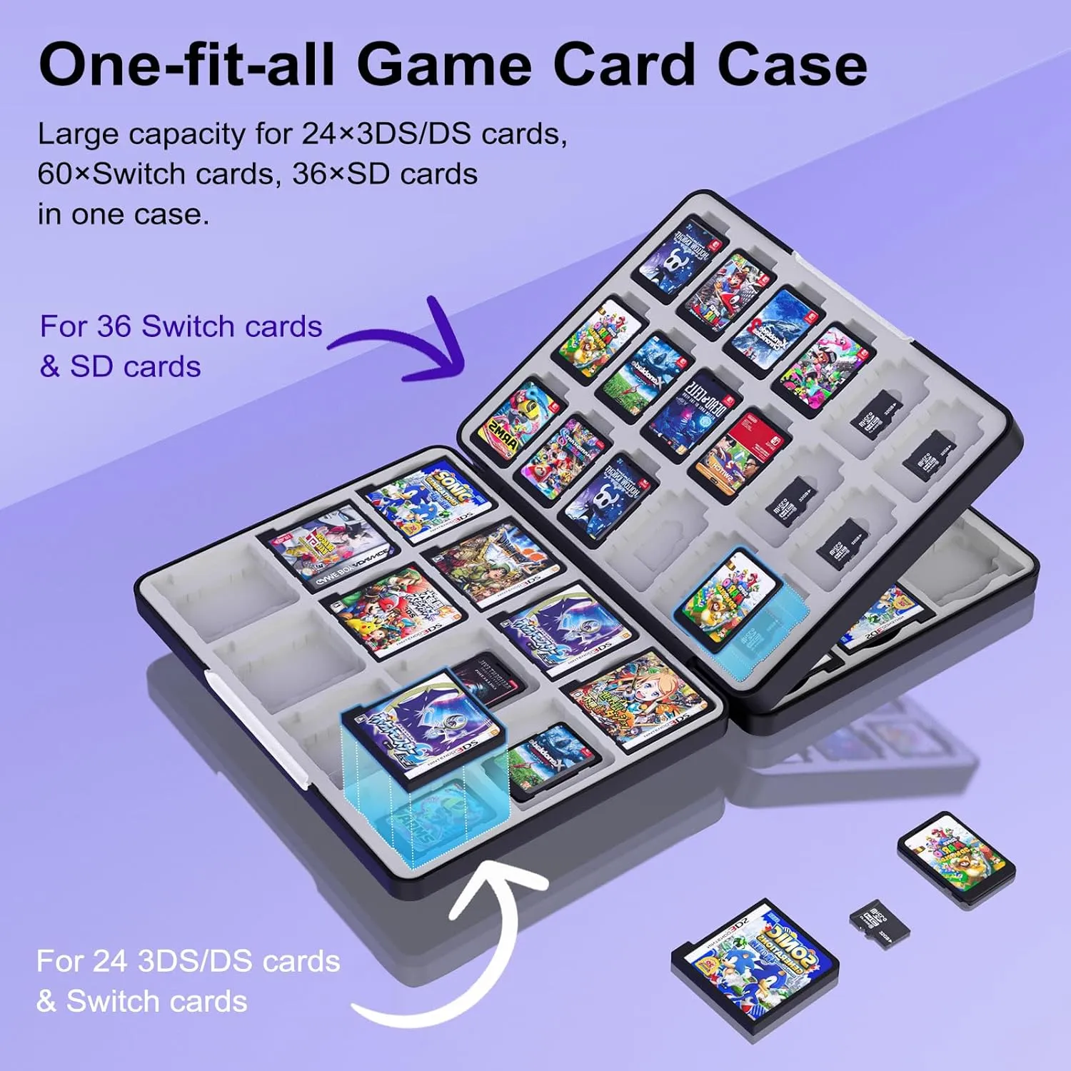 TiMOVO 60 Game Card Case for Switch OLED/Switch/3DS/2DS, 60 Slots Switch Game Holder Cartridge For 24 3DS/3DSXL/DS/DSi Cards & 60 Switch & 36 SD Cards, 3 in 1 Portable Game Storage Case, Black & Gray